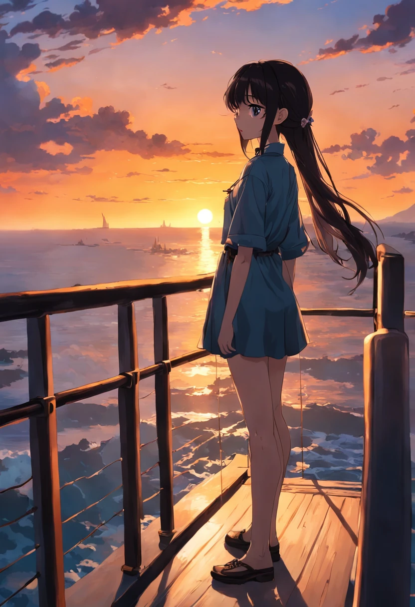 Araffe standing on a railing overlooking a body of water, with sunset, with a sunset, during sunset, at a beautiful sunset, durante a madrugada, looking at sunset, Sunset view, Fotografia tirada em 2 0 2 0, at sunset, night setting, ao nascer do sol, As the sun sets on the horizon, scenic view, com uma mochila