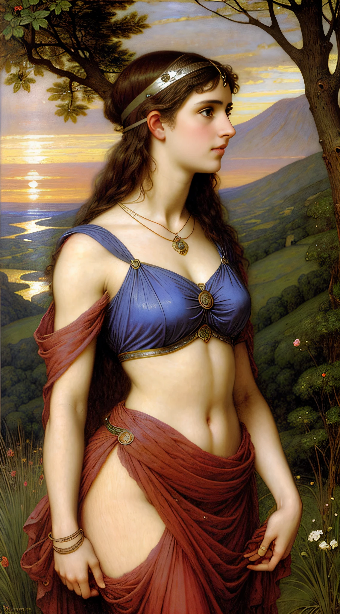 RAW picture, photoreal half length 18 yo english young slim athletic woman, classical sorceress, gothic, blue eyes, dark makeup, short dark pink hair, jeweled glowing headband, natural pale skin texture, heavy silver jewelry, body jewelry, wielding magic, lightning, red sunset, volcano mountain landscape background, low light, finely drawn face, finely drawn hands, high quality, photorealism, sensual, pre-raphaelite, j.w. waterhouse, alma-tadema
