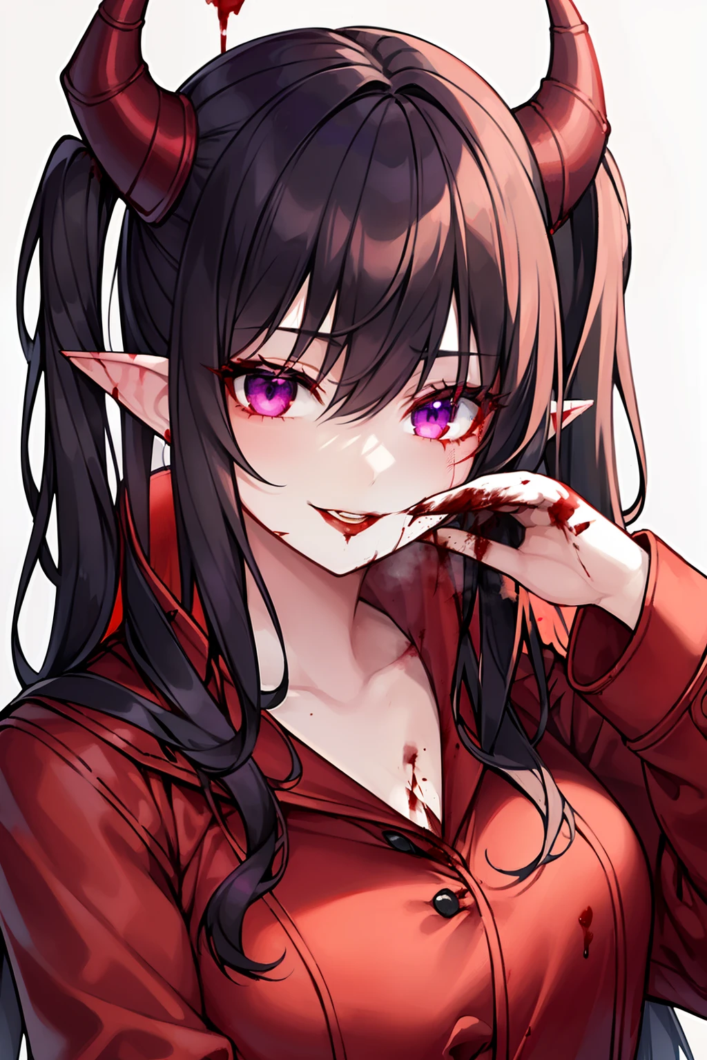 1girl, pale, red lips, (((covered in blood))), devious smile, black hair, very messy hair, purple eyes, demon eyes, broken horns, pointy ears, ((red coat)), (bloody), masterpiece,