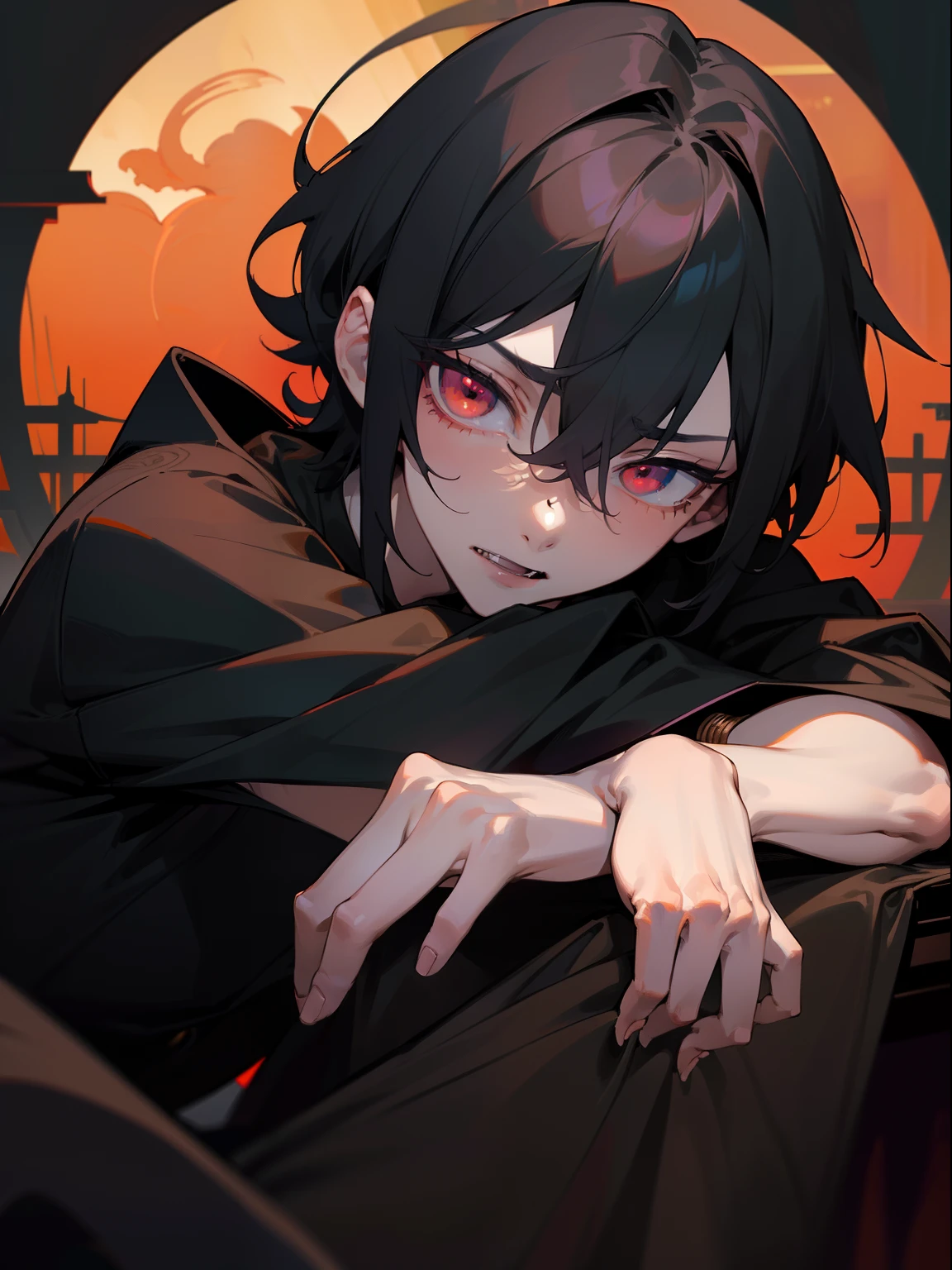 (masterpiece, best quality), intricate details, 8k, sharp focus, (best quality) (detailed skin:1.3) (intricate details) (8k) (detailed eyes) (anime) male character, short hair, short front of hair, black hair, red eyes, male, anime male, frontage, lovely boy, perfect face, detailed eyes, bold background, detailed accessories, unique outfit, sharp eyes, male, young man, idol, dark colours, pale skin, vampire, fangs, defined features, model, Ritsu Sakuma, Sakuma Ritsu, comfortable clothes, dark room, cluttered room, indoors, detailed background, bold colours, sharp face, nighttime, night, pose, handsome, sleepy, tired, droopy eyes, male, grouchy, tsundere
