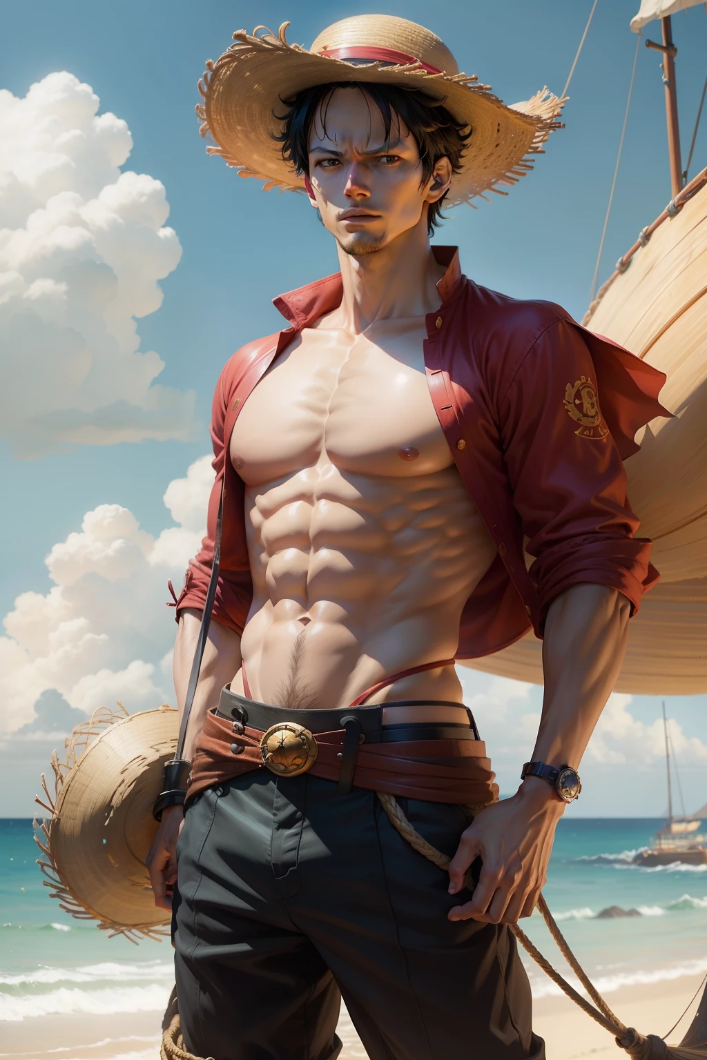 One Piece,Luffy,Handsome,Delicate facial features,Handsome,male people,35yo,Red top,frontage,Straw Hat Hat,Stand on a pirate ship,the sea,Blue sky,japanese manga,anime big breast,2D,Ambient,Handsome,Popular digital painting, realistic digital art, highly detailed digital painting,insanely details,Japanese anime,Particle,Ambient,best qualityer,super-fine,Artistically,romanticism lain,hyper HD,16K Ultra HD