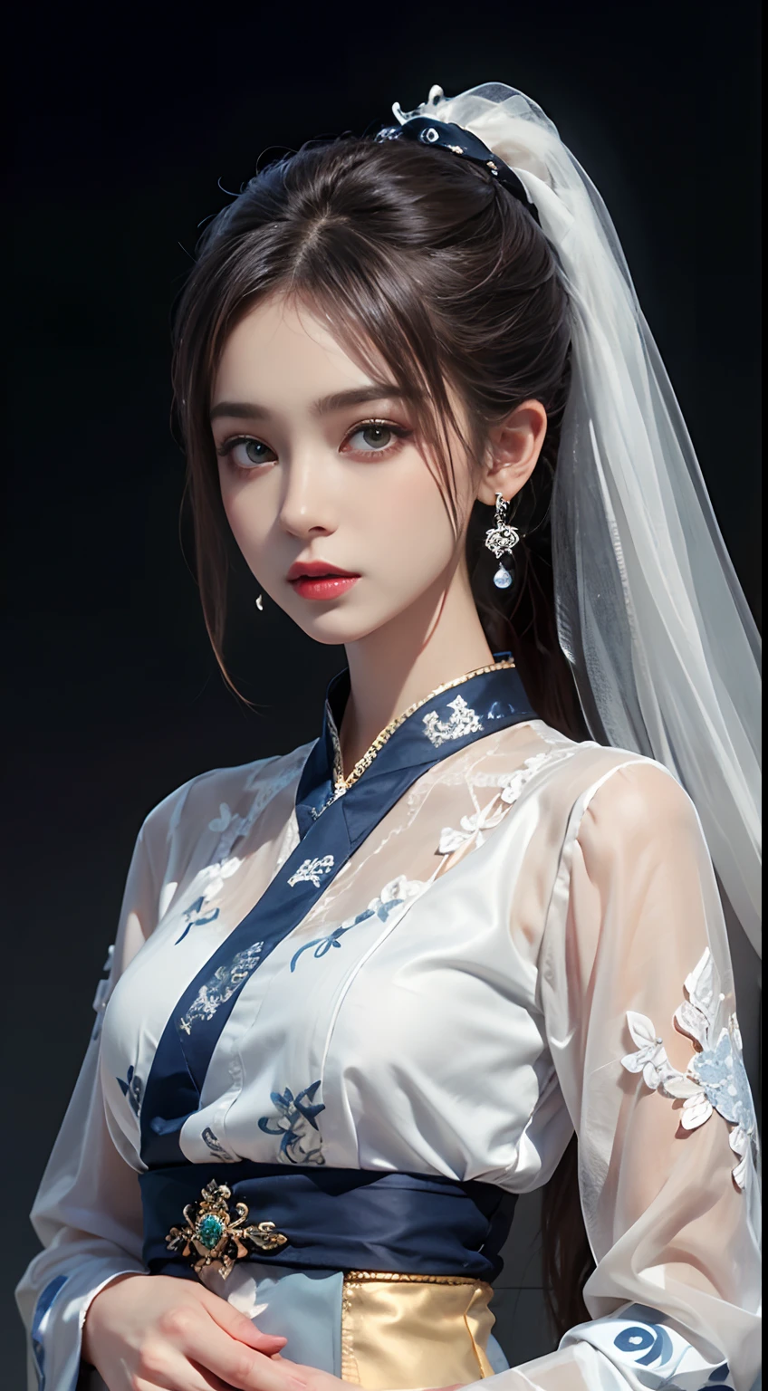 8K Ultra HD, masutepiece, Best Quality, beautiful Girl, Long hair, Impressive hairstyle, Royal Hair Jewelry, Pretty cute face, face perfect, Jewelry Earrings, Antique Jewelry, Eye for detail, Beautiful eyes, meticulous makeup, Thin eyebrows, Beautiful red lips, medium breasts, Dark Blue Mesh Socks, Thin navy blue silk shirt with a lot of white motifs, White lace shirt, Long Platinum Dark Blue Ponytail、Long bangs, Realistic colors, Magic Effects, ancient hanfu background, looking directly at the viewer, Full body capture,