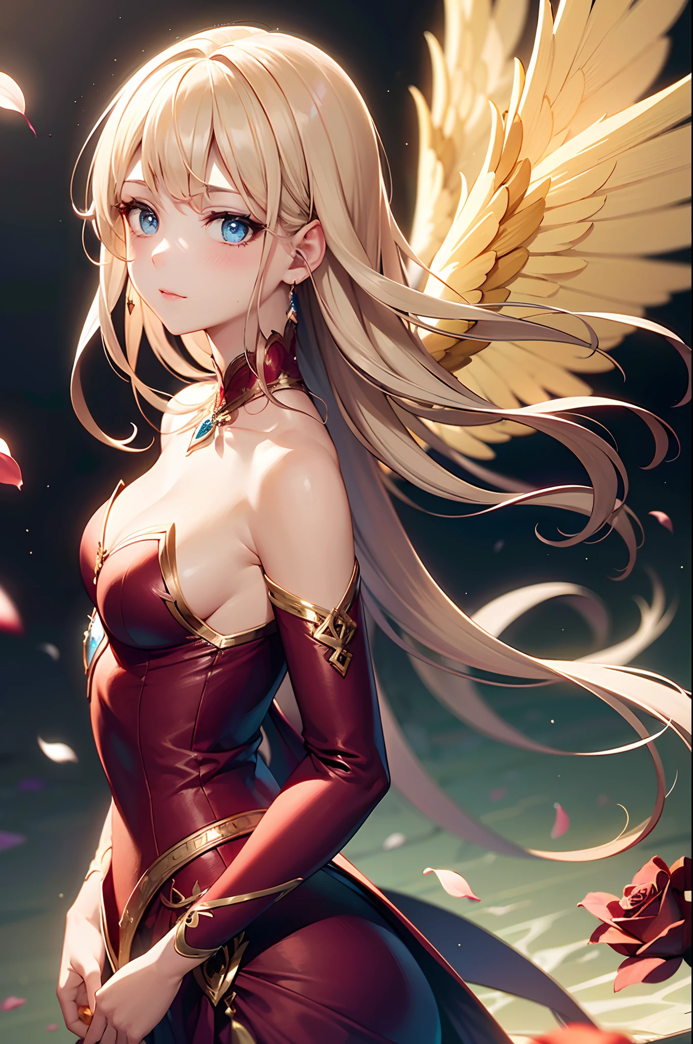 woman with long, light blonde hair and cute, shy rose in her hair. She is wearing a scarlet outfit with wings and adorned with amber jewels. Her blue eyes are captivating. High quality and high resolution result in stunningly beautiful images. The overall aesthetic is delicate and enhanced with floral petals, fantasy