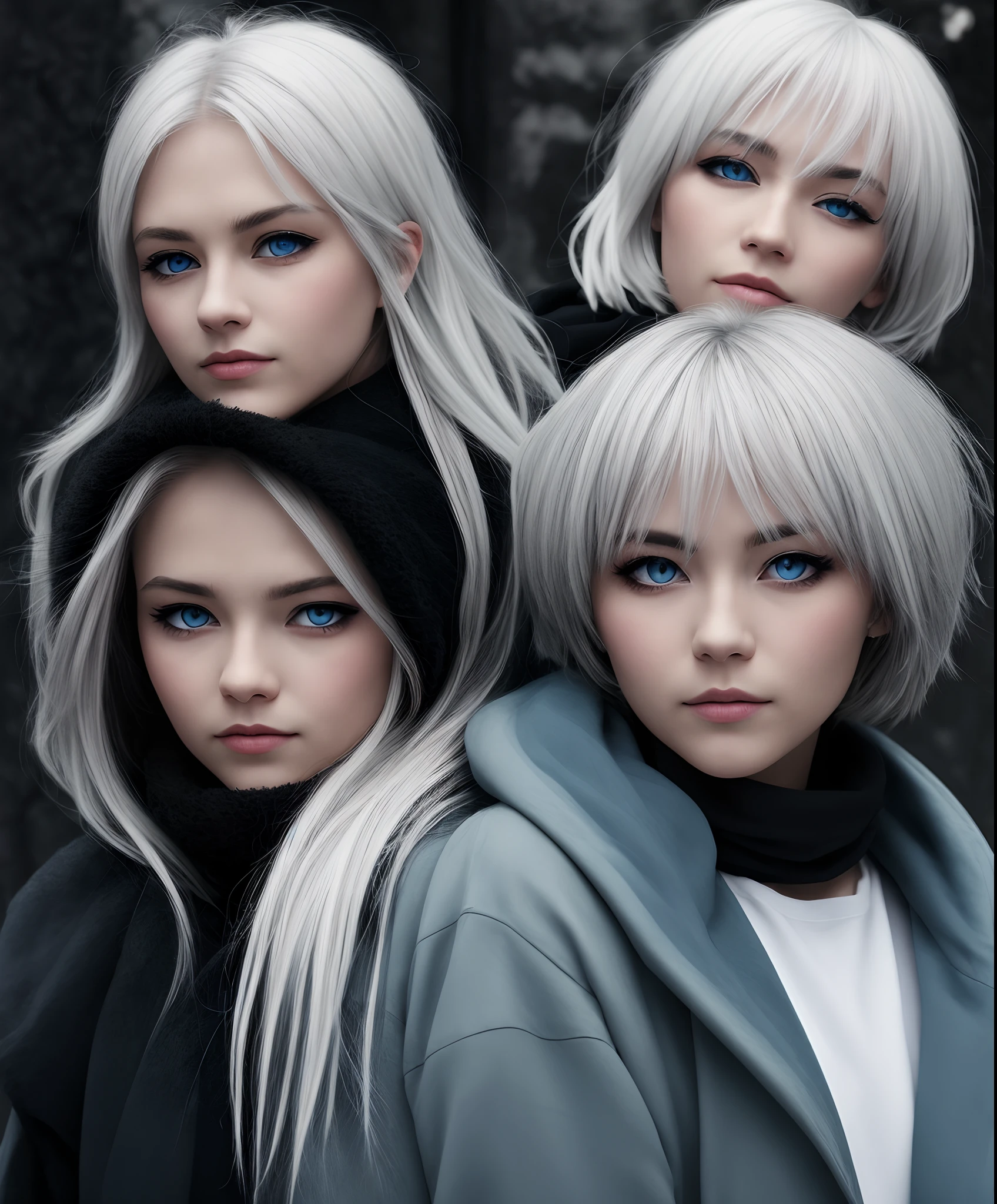 Three white-haired, blue-eyed women pose for photo, estilo realismo anime, Estilo anime 3D realista, anime estilo 3d, rostos femininos realistas, estilo de arte realista, arte de anime realista, 3 d anime realista, photorealistic anime girl rendering, menina com cabelo branco, estilo anime semi-realista, estilo anime. 8k, realismo artstyle, menina cabelo prateado
