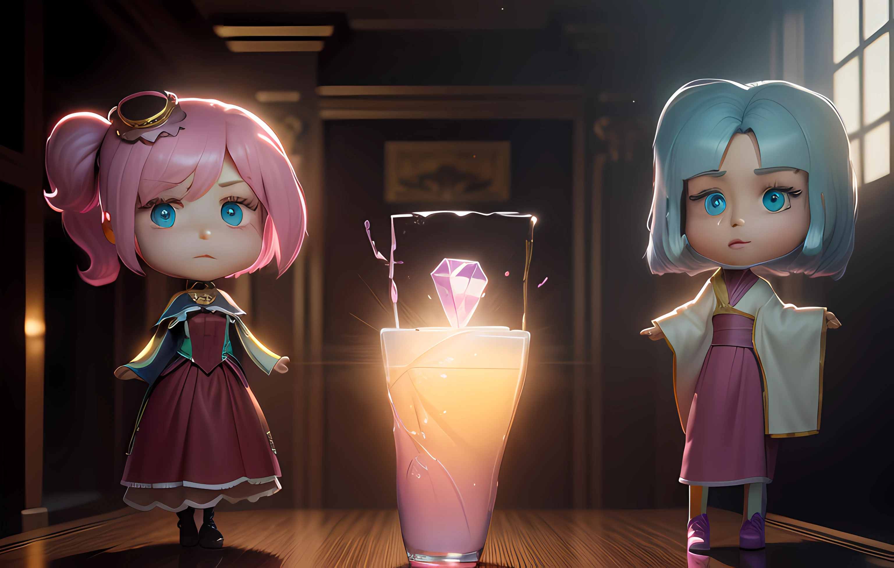 masterpiece, best quality, masterpiece,best quality,official art,extremely detailed CG unity 8k wallpaper, Realistic style, super fine，incredibly detailed, hyperrealistic, pastel colours，Beautiful clothes, fuchsia hair, beautiful big eyes, delicate face, a beautiful big diamond with a variety of colors on the exquisite booth, covered with transparent glass, dream background, magnificent hall,   octane render，