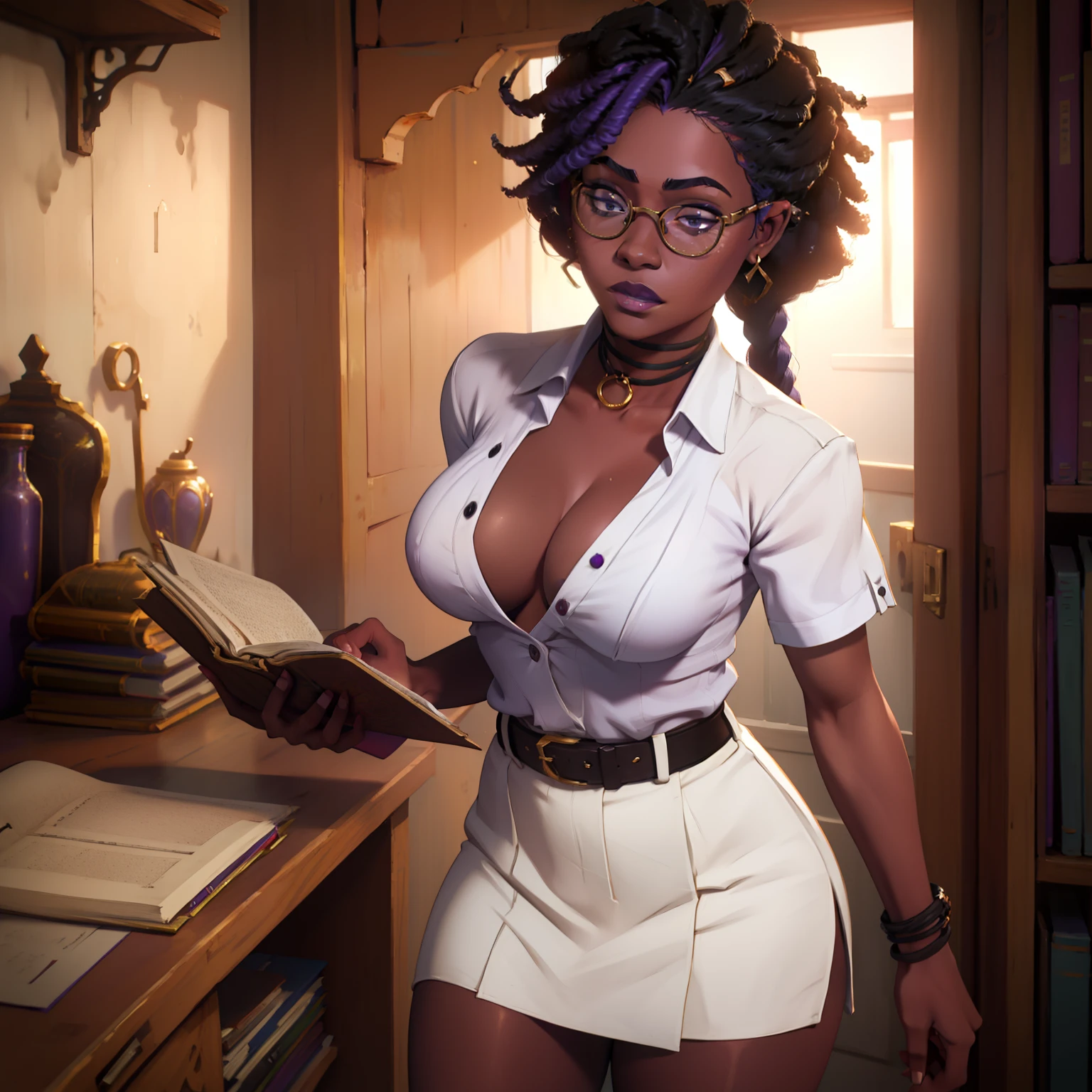 African stunning woman with white formal shirt, short miniskirt, prominent cleavage, reading glasses, purple braided Afro hairstyle.