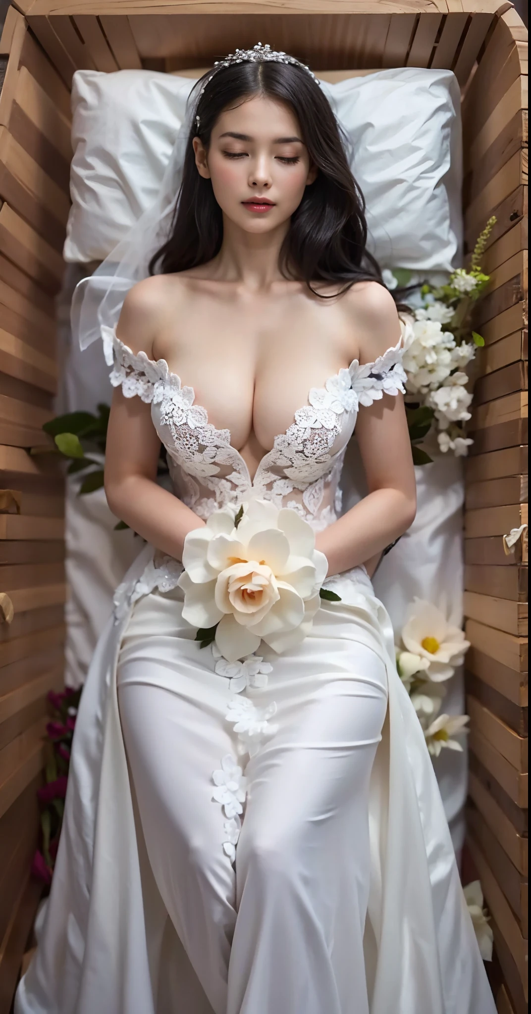 1girl, solo, wooden casket, girl sleep in casket, girl laying in casket, eyes closed, closed mouth,(interlocked_fingers:0.961), (own_hands_together:0.971), (straight:0.971), (own_hands_clasped:0.961), (absolute cleavage), straight body, straight legs, big boobs, round breasts, (full body viewed), (sexy breast), (sexy cleavage), (around the casket is a wreath of flowers), (((black hair))), ((blonde hair)), ((wearing a white with a V-neckline wedding dress with flower-shape lace)), ((maid dress)), ((long dress)), head on pillow