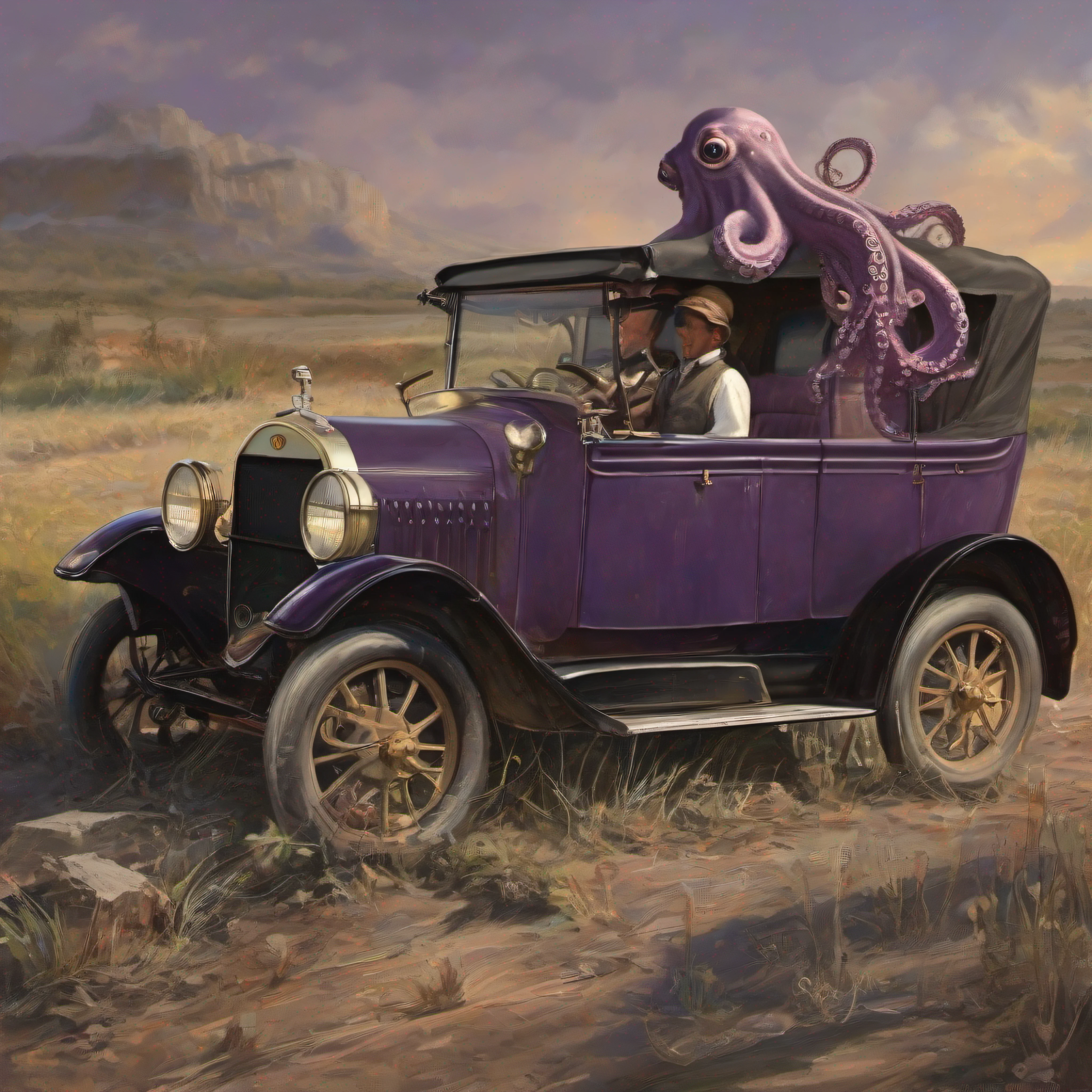 The little octopus popped his head out from the rear trunk of the black Model T Ford, his tentacles spilling out onto the bumper. He had been hiding in there to keep cool during the hot summer day, but now his curiosity was getting the better of him. As the Ford rattled and chugged down the dusty country road, the octopus began to explore the back of the antique car. He stretched out a tentacle to turn the crank handle that opened the cloth top, letting fresh air blow over his purple head. Amused by the noises of the engine, he honked the rubber bulb horn with another tentacle, sending out beeps to the empty fields around them. Two tentacles reached for the spare tire, hugging it with their suction cups. Another tentacle brushed over the rear-view mirror, leaving smeary little prints on the glass. Feeling adventurous, the octopus climbed over the backseat, ready to discover what wonders awaited inside this fascinating horseless carriage. He hoped the driver wouldn't mind his curious stowaway.