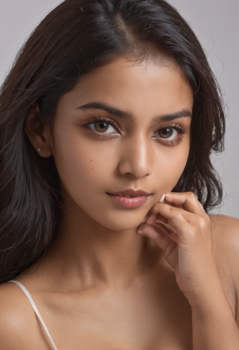 Young, Beautiful Sri Lankan girl, 20 years old. Bare breasted, topless, nipple are erected, protrude sensually, very clearly visible, Remove the bra, clearly showing the nipple and the pair of breasts, Take off underwear and show the clearly, remove the underwear completely, show the completely, naked bottom, erotic body, erotic face expressions, open breast, beautiful nice legs, medium size thighs, grey curly long Hair, sexy thigh, medium size nice sexy boobs, top of the body open, , realistic, detailed, masterpiece, extra film grain, professional lighting, professional photography, neutral colors, muted colors, natural lights, photo realistic, good composition, 4k, high definition