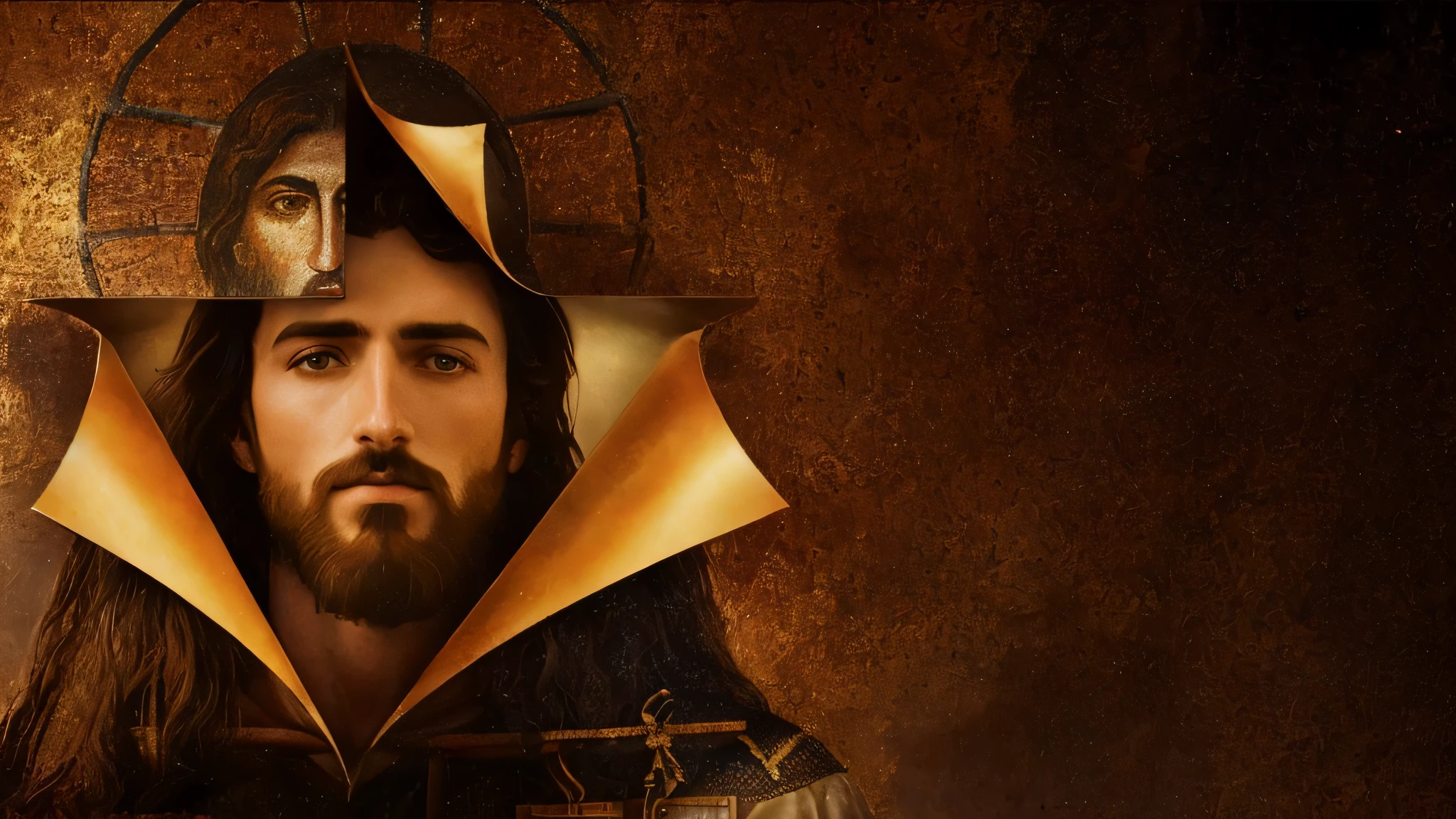 um close up de um homem com barba e cruz no rosto, Jesus Steampunk, Nicodemos, rosto de Jesus, inspirado em Julius Jakoby, Jesus Cristo, inspired by Hristofor Žefarović, Tron legado Jesus Cristo, Jesus, jesus of nazareth, imagem promocional do filme, sua mente contemplando a eternidade