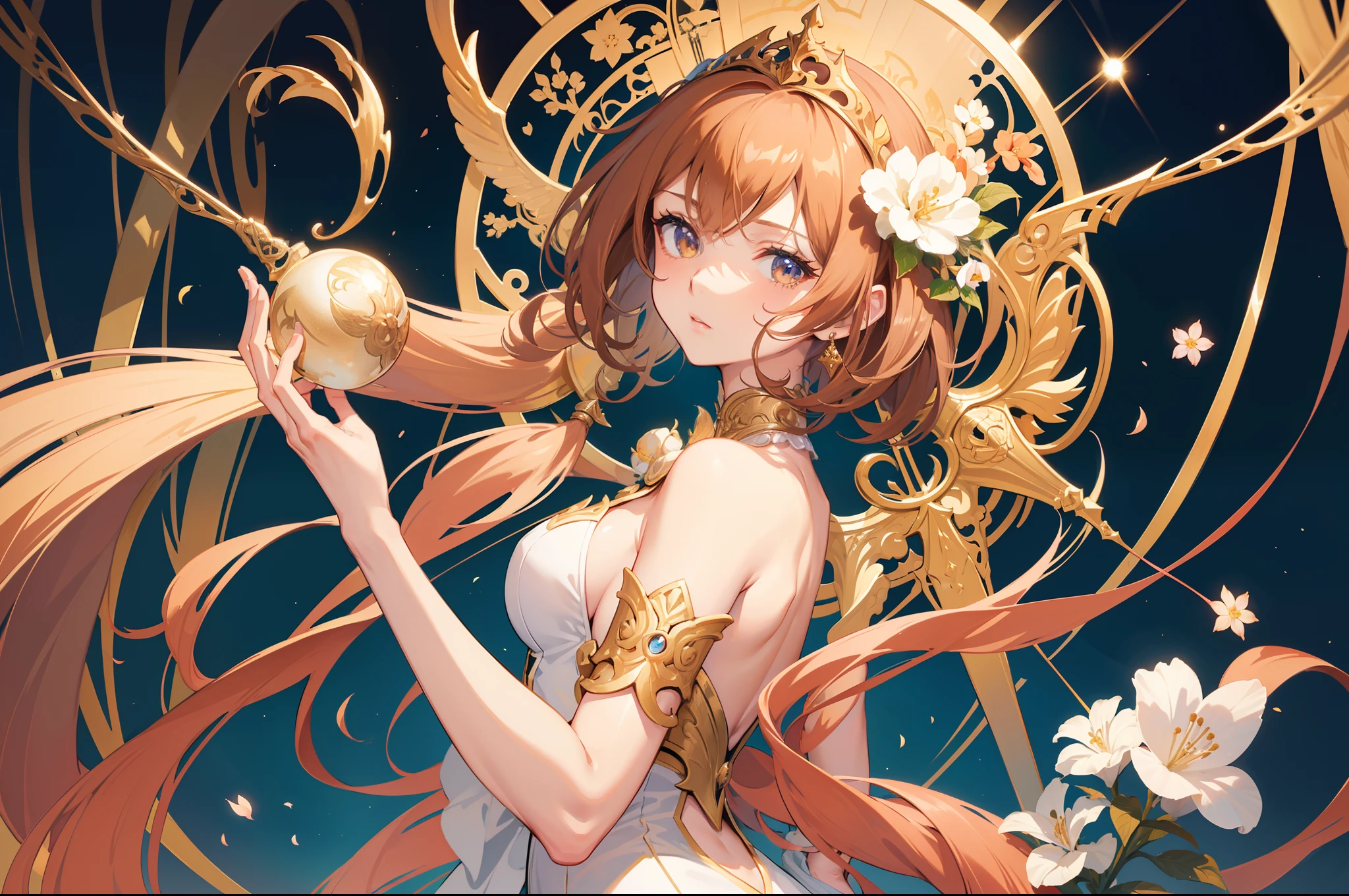 Official Art, Masterpiece European female face,elvish, short hair, chestnut brown hair , brown eyes , Flower Frame ,Decorative panel , jugendstil , (​masterpiece、top-quality、hight resolution: 1.4),in 8K,color splashes、line-drawing、Fibonacci、Drawing of a woman with short chestnut brown hair and a crown, Anime Art Nouveau, Detailed Digital Anime Art, portrait knights of zodiac girl, highly detailed exquisite fanart, anime fantasy illustration, clean detailed anime art, detailed anime art, Sharp Focus, (Beautiful gorgeous cute woman:1.3), (Beautiful cute woman:1.3), Delicate Beautiful Hair and Eyes and Face, realisitic, ultra-detailliert, a beauty girl,A slender, Pretty breasts and buttocks、Dynamic hair、Detailed cestnut brown hair