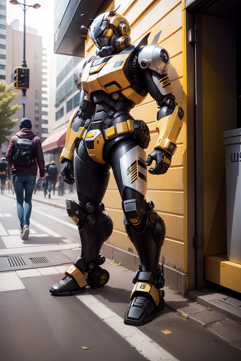 bumblebee robot , urban style , in street, no background