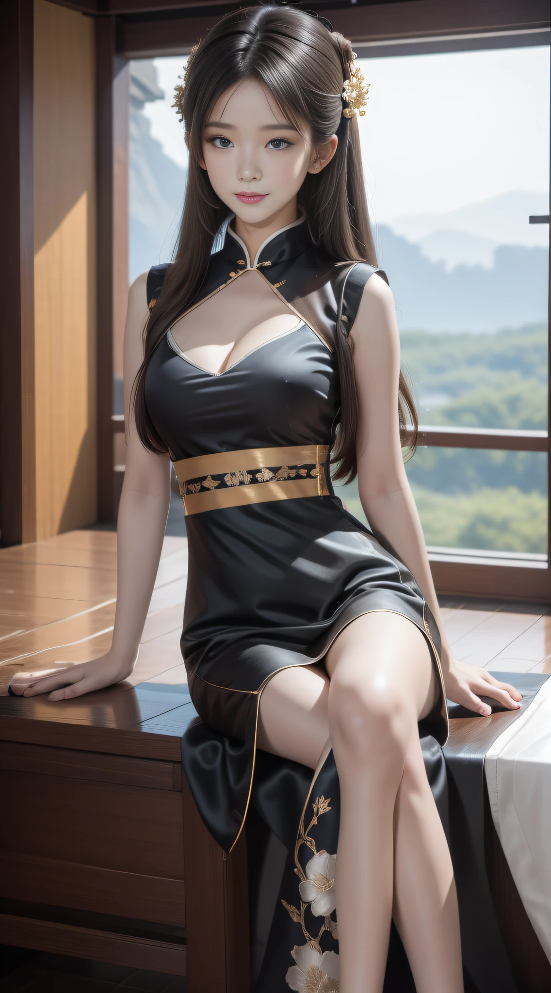 A girl，年轻，Black color hair，horse tailed，Wearing a white tulle dress，A layer of clothing，ssee-through，Looming skin，Hanfu style，Exposed cleavage，D-cups，High quality white stockings，real silk，Raised sexy，inside in room，Sitting，独奏，best qualtiy，best illuminate，Highest high resolution，16k，Meticulous details，