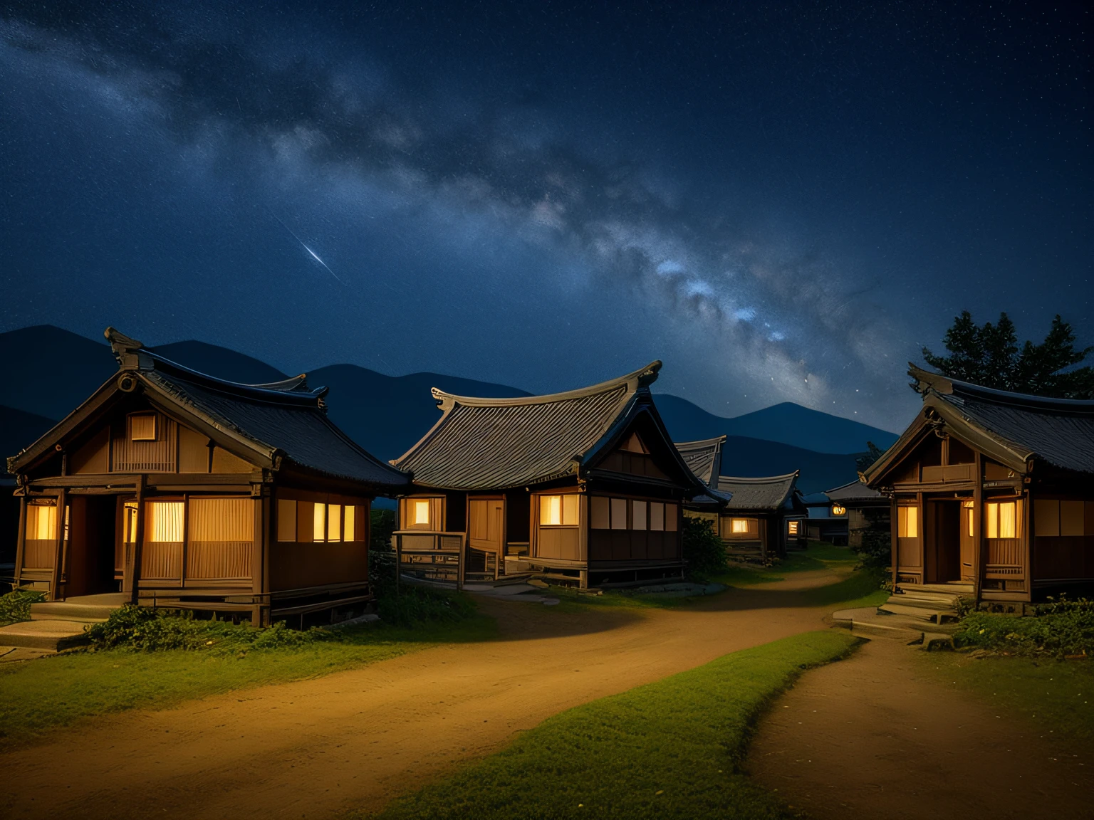 Night view of a small village with a path leading to the building, nightime village background, SCI - Fi Mongolia Village, Old Asian Village, rural japan, japanese village, abandoned japaense village, japanese rural town, milkyway light, Moonrit Kerala Village, Japan at night, Chinese Village, countryside in japan, countryside in japan, Misty Ghost Town, Edwin Georgi