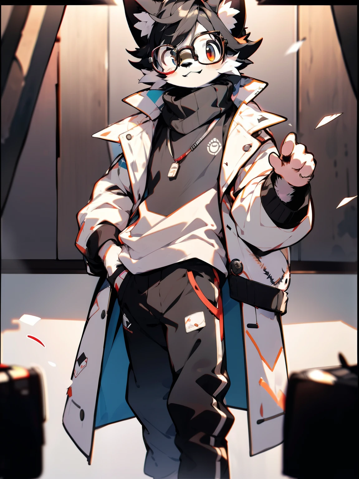 depth of fields,lighting perfect,light particules,(best qualtiy),(tmasterpiece),(ultra - detailed),Sharp focus,light particules,niji,eyesgod,Blushlush,red_eyes,looking_at_viewer,Close your mouth,With a smile,solo,furry,animal_ear_fluff,open_clothes,coda,rays of sunshine,man,Young person,Long white coat,baggy black pants,Dark gray sweater,Clothing with a sense of technology,wears glasses,Coordinated body proportions,Stand in a room with good light transmission