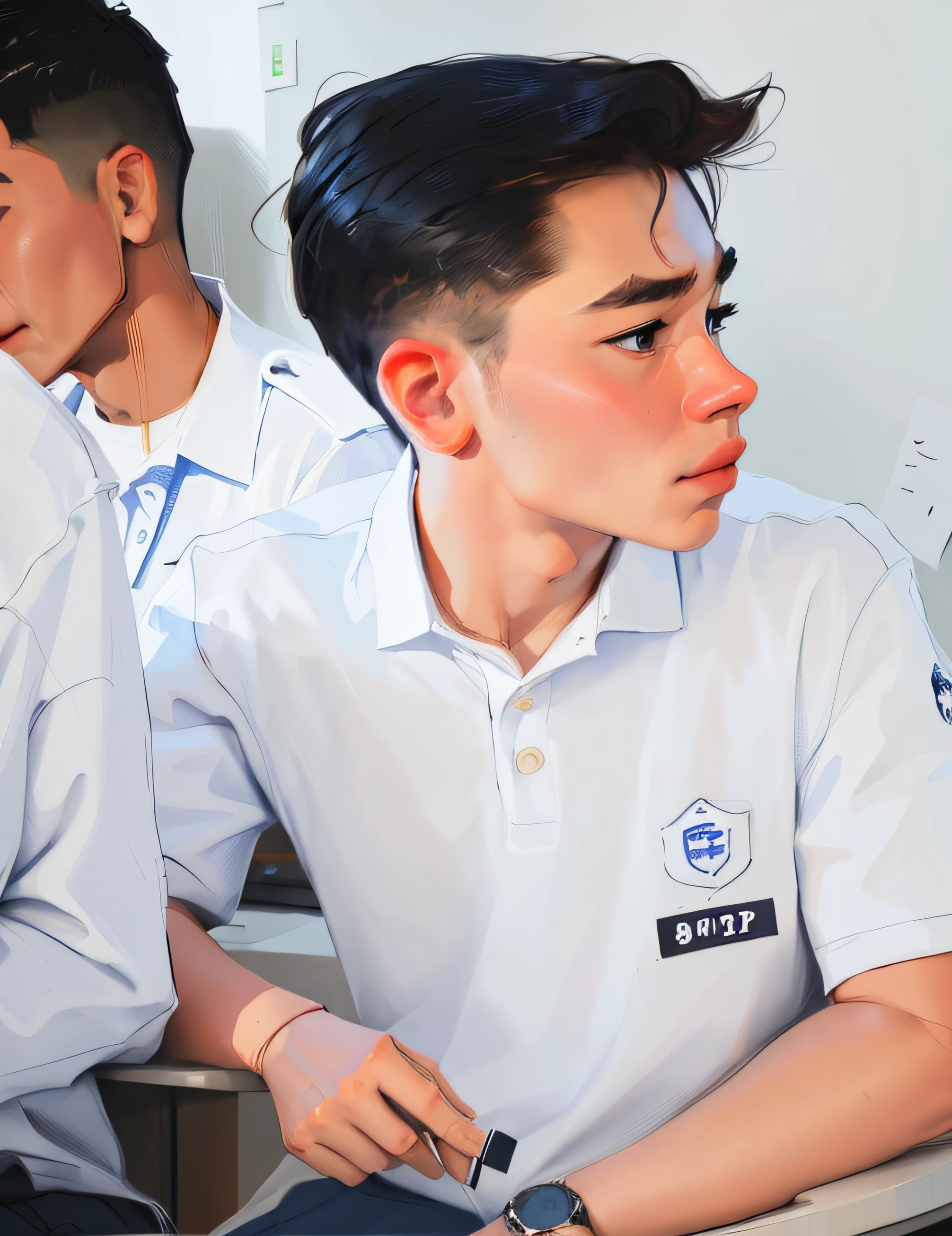 men in uniform sitting at a table, student, white uniform, wearing school uniform, wearing polo shirt, wearing a school uniform, jk uniform, wearing white shirt, during sunrise, plain uniform sky at the back, wearing a white shirt, avant uniform, profile shot, potrait, closeup - view, candid shot, over his shoulder, with watch