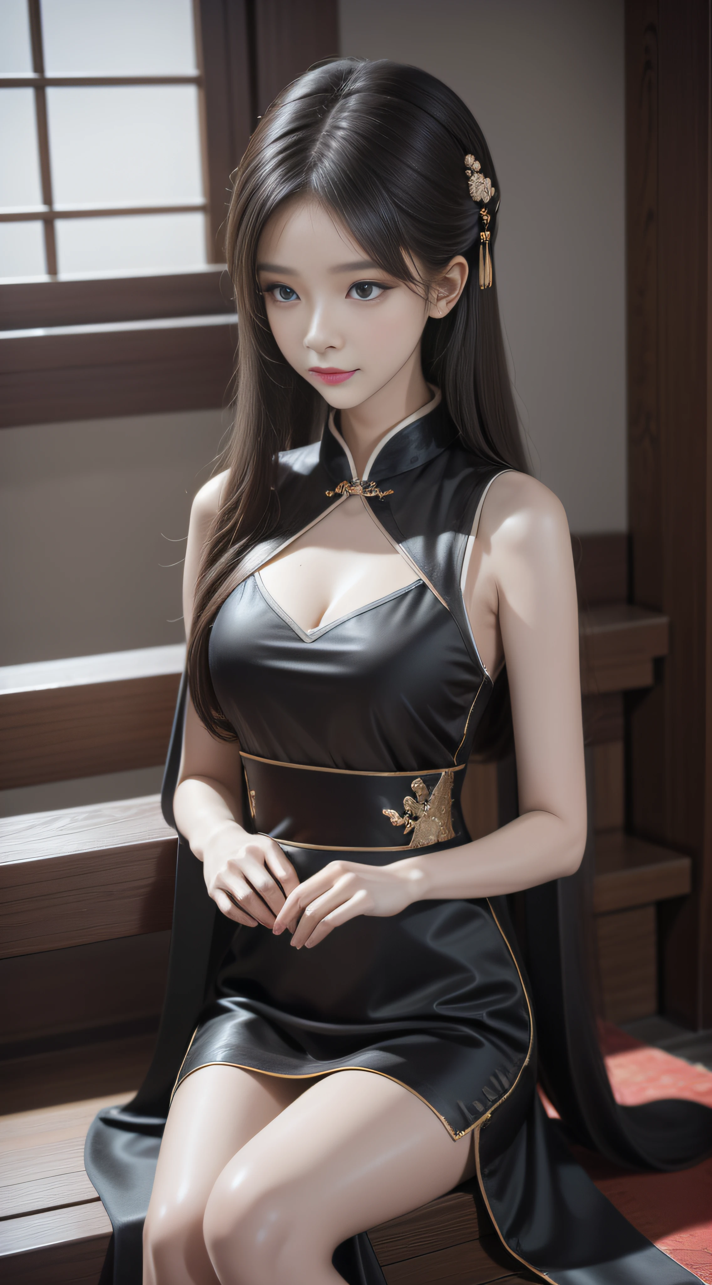 A girl，年轻，Black color hair，horse tailed，Wearing a white tulle dress，A layer of clothing，ssee-through，Looming skin，Hanfu style，Exposed cleavage，D-cups，High quality white stockings，real silk，Raised sexy，inside in room，Sitting，独奏，best qualtiy，best illuminate，Highest high resolution，16k，Meticulous details，