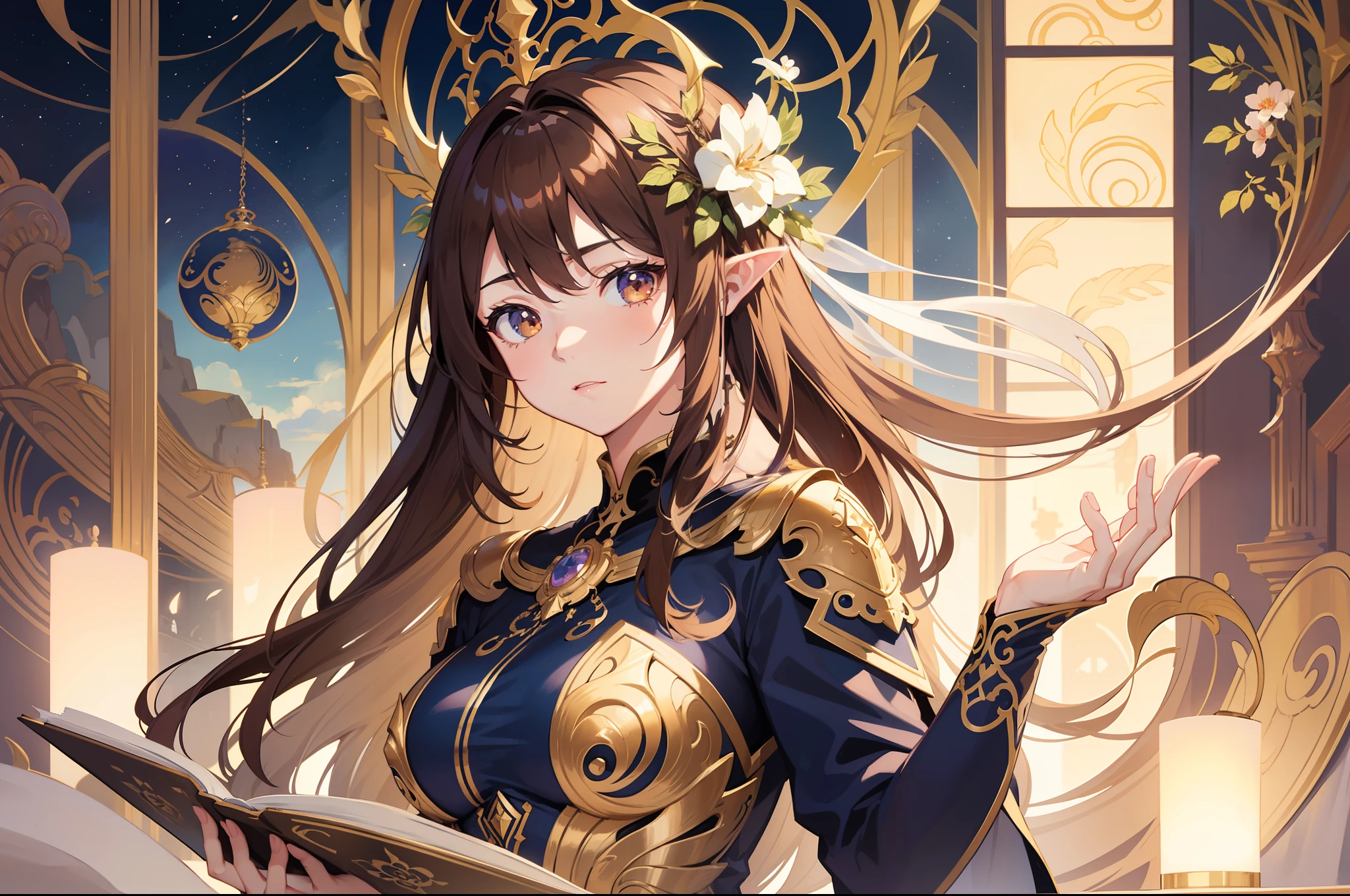 Official Art, Masterpiece European female face,elvish, short hair, chestnut brown hair , brown eyes , Flower Frame ,Decorative panel , jugendstil , (masterpiece、top-quality、hight resolution: 1.4),in 8K,color splashes、line-drawing、Fibonacci、Drawing of a woman with short chestnut brown hair and a crown, Anime Art Nouveau, Detailed Digital Anime Art, portrait knights of zodiac girl, highly detailed exquisite fanart, anime fantasy illustration, clean detailed anime art, detailed anime art, Sharp Focus, (Beautiful gorgeous cute woman:1.3), (Beautiful cute woman:1.3), Delicate Beautiful Hair and Eyes and Face, realisitic, ultra-detailliert, a beauty girl,A slender, Pretty breasts and buttocks、Dynamic hair、Detailed cestnut brown hair