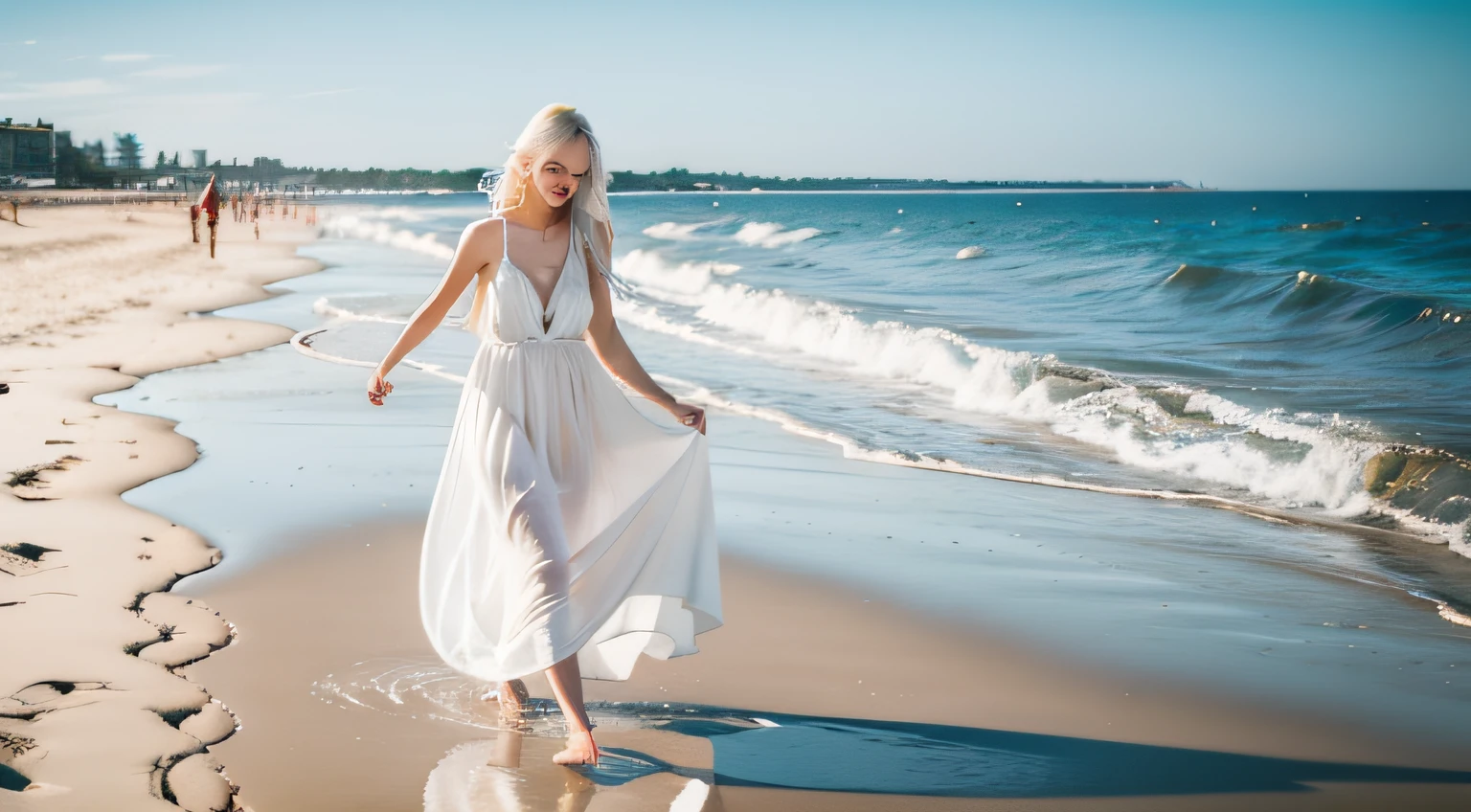 Beach, beach, white hair, dress, playing in the water