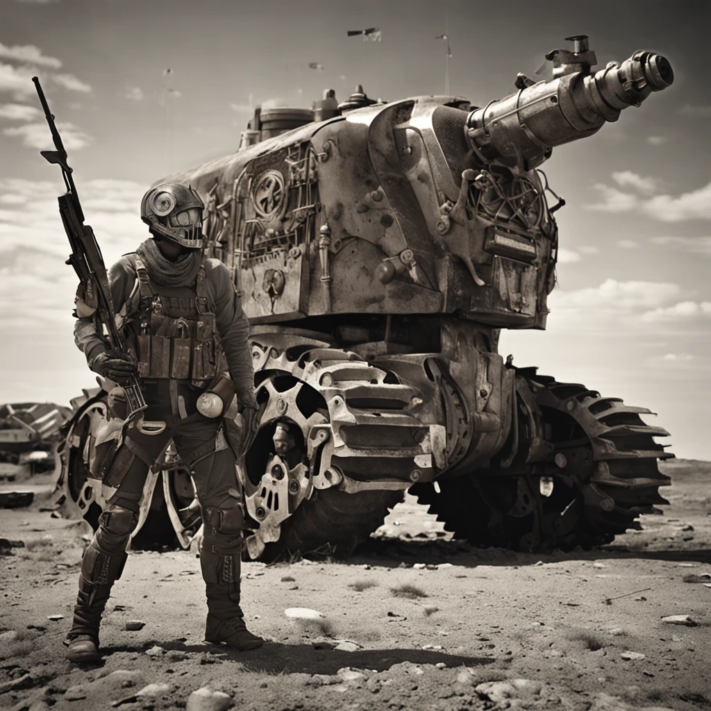 Ultra high resolution, steampunk-styled illustration, soldier posing in warzone, mechanical armor, intricate gadgets, dystopian battlefield, industrial machinery, professional artist, captured with Pentax 645Z, 75mm lens, Ilford Delta 3200, art by H.G. Wells-inspired, heroic mood, brass and copper tones, textured surfaces, steam effects, cogwork details, gritty background, imaginative weaponry, strong stance, otherworldly technology, fierce expression