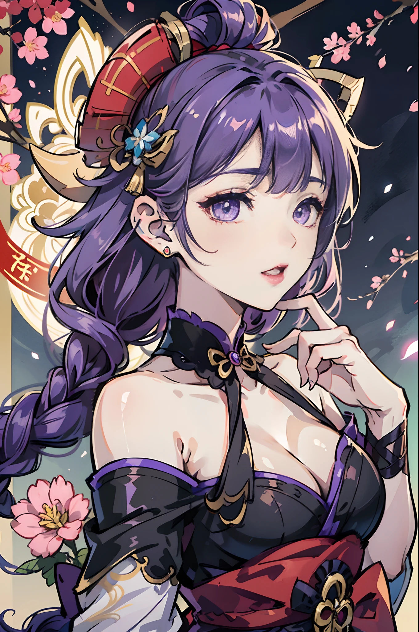 an illustration of a woman in traditional chinese costume,Anime aesthetic style,32k ULTRAHD,Blink and details you miss,I can't believe how beautiful this is,anime-style character,beige and aquamarine,closeup cleavage, Best quality, Masterpiece, cheerfulness, Bare legs, japanese temples, (Best quality, Masterpiece, 8K wallpaper: 1.2), ((Pale skin)), 1 girl, solo female, ((Genshin influence is influencing, General Thunder)), Lightning particles, Purple thunderbolt, Bright background, cherry tree, purple color-theme, Delicate facial features, Sexy beautiful cartoon girl, General Thunder, Purple hair, Red lips, Animated mouth,