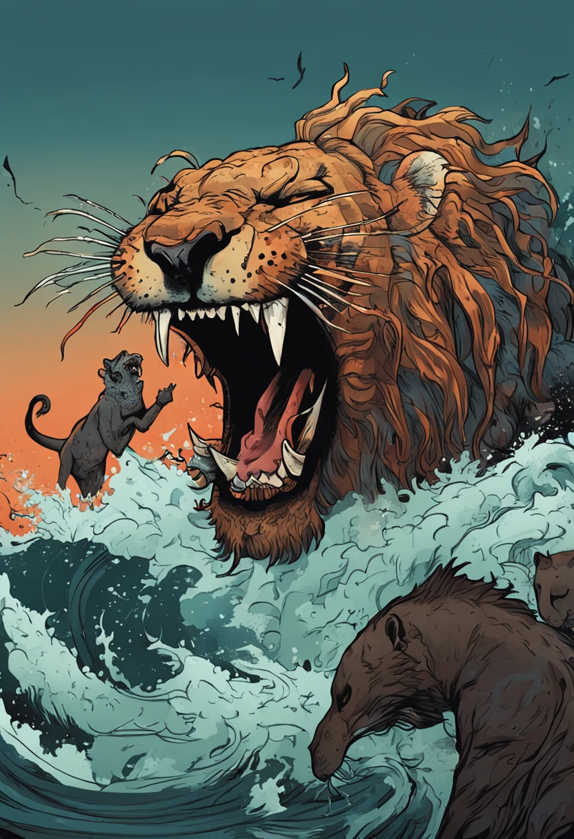 Describe the illustration of the beast of the apocalypse emerging from the sea, with ten heads, dez chifres, com patas de urso, leopard body and lion's mouth.