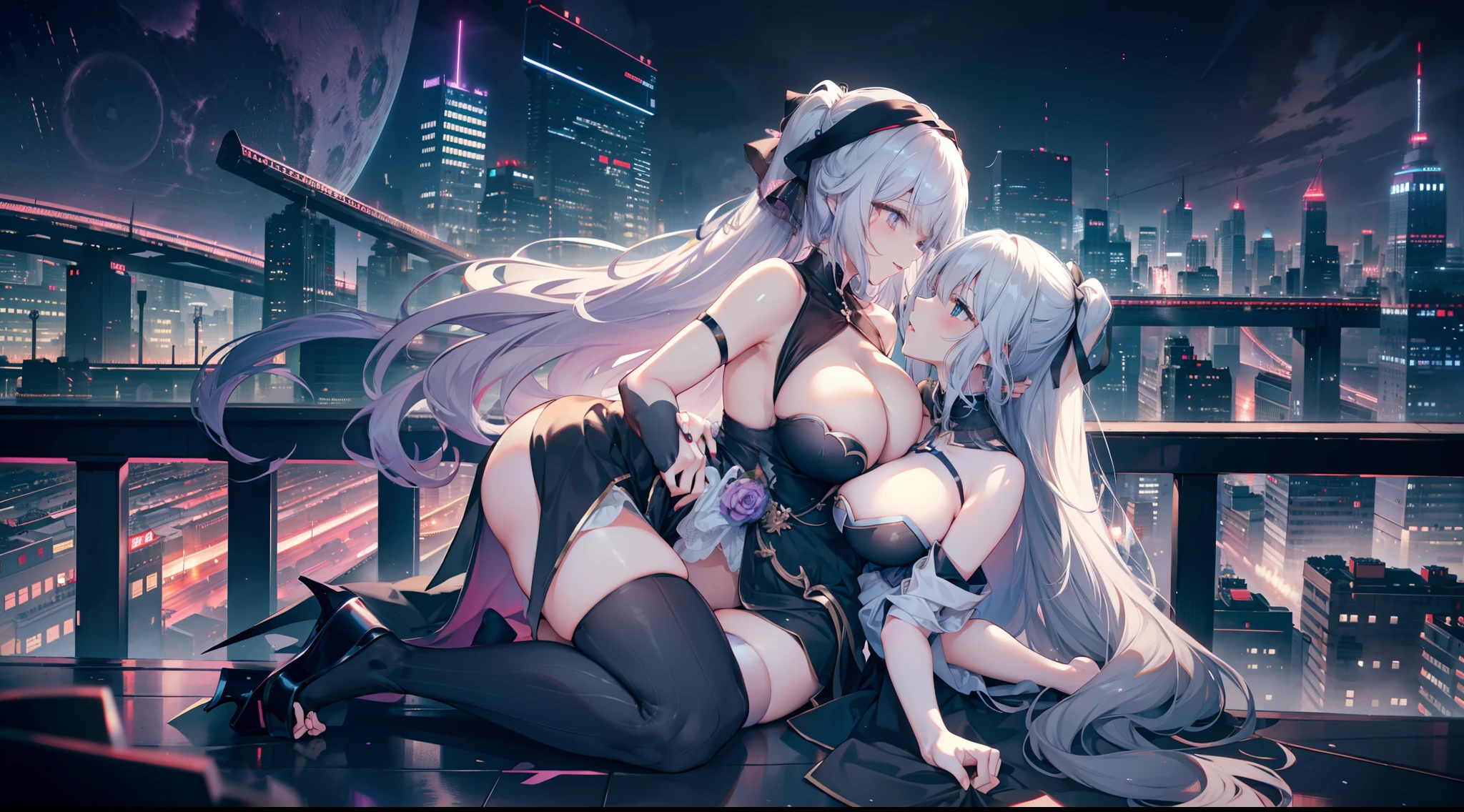 nether,Official fine art,tmasterpiece,Sharp focus,,Delicate and beautiful hair and eyes and face,scenecy,Long straight hair, sexy facial expression, buliding, (Cityscape:1.7), Dynamic hair, horse tailed, Long white socks, paleskin, , epic landscapes,deep in the night, Bare shoulders, white thighhighs, Hair ribbon, Large breasts,NSFW, Dynamic Angle(Large breasts),tongue kissing,grabbing breast,high-heels