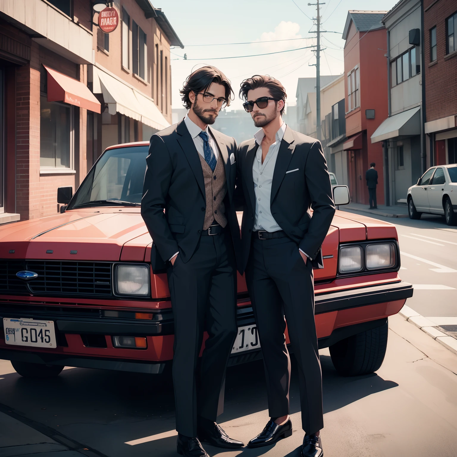 Nockin' on Heavenstoor、Two men in scruffy suits and an 80s Ford car