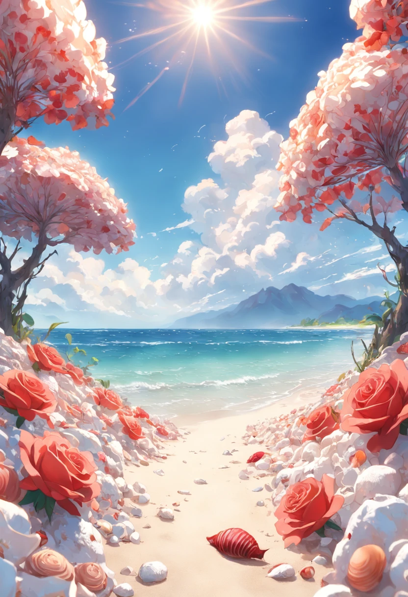 delicate scene,depth of field, 8K, The ivory sky,white clouds,and sunlight shine on the snow-white beach. The coral sea,and many colorful tinny shells on the beach,red roses, roses focus,