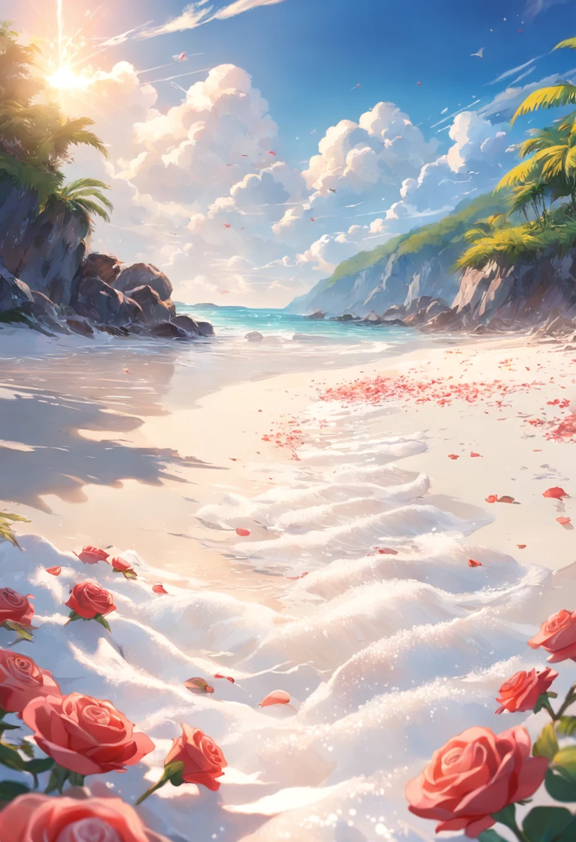 delicate scene,depth of field, 8K, The ivory sky,white clouds,and sunlight shine on the snow-white beach. The coral sea,and many colorful tinny shells on the beach,red roses, roses focus,