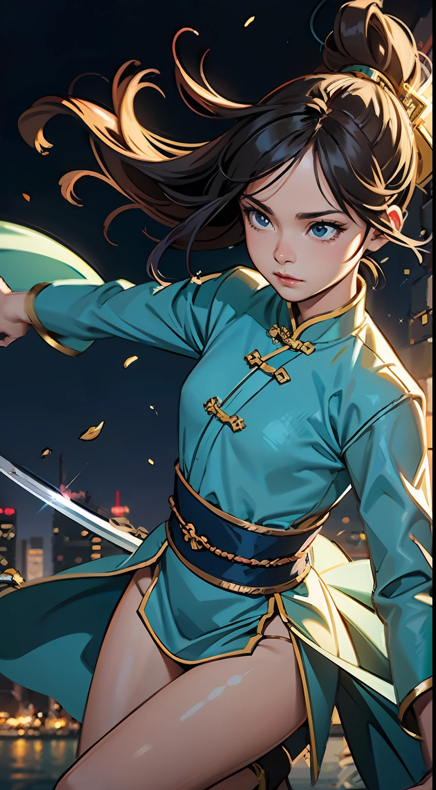 A beauty, Floating in the air, 1girl,He was surrounded by twenty golden swords,The background is the sky above the city.Unlimited sword system, Tyndall effect, Glow effects, in the style of anime art, Romantic graffiti, Meticulous, Realistic pop music, neo-fauvism, order, 8K,(Ancient Chinese cold weapon_sword1.2).