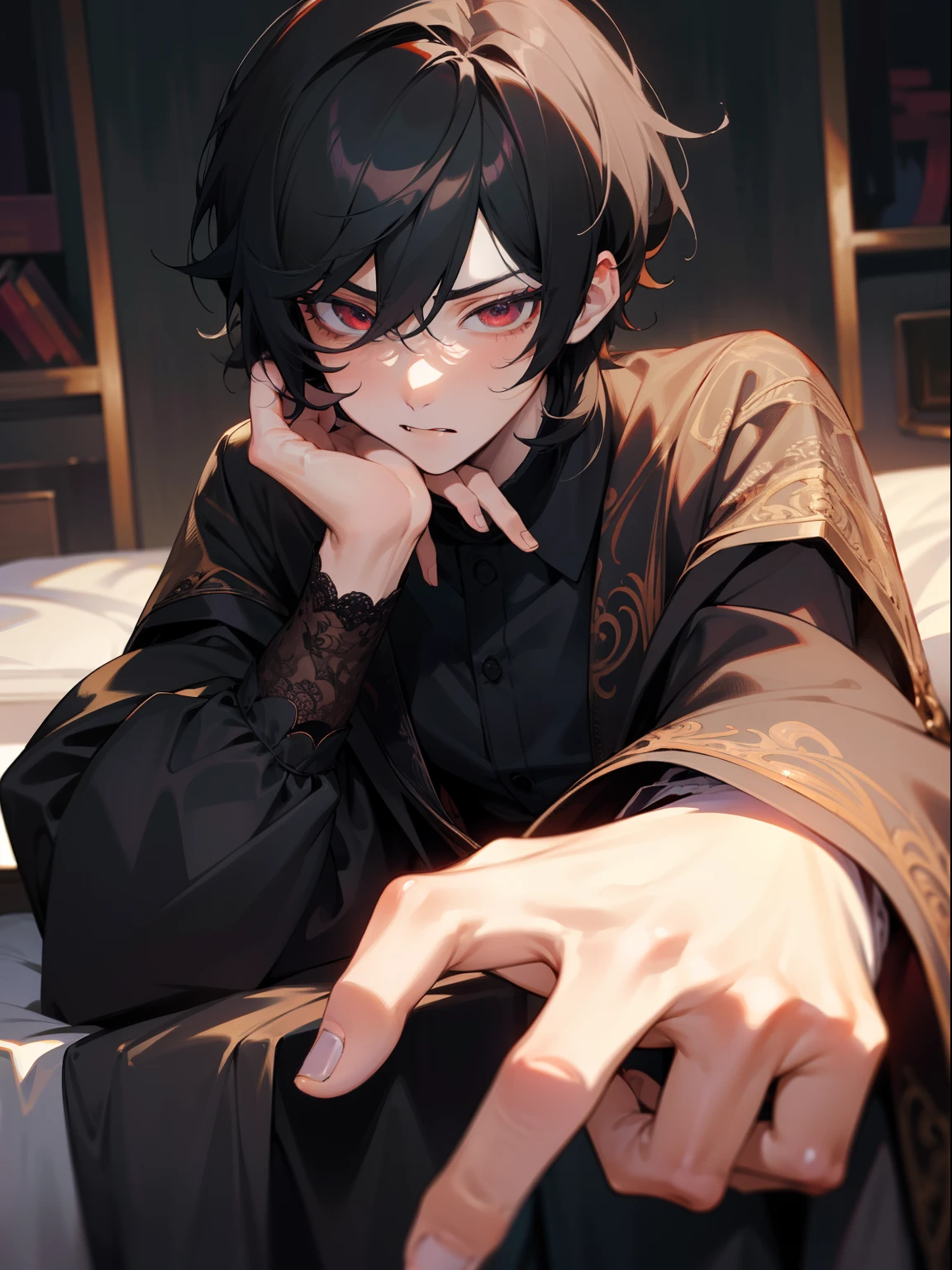 (masterpiece, best quality), intricate details, 8k, sharp focus, (best quality) (detailed skin:1.3) (intricate details) (8k) (detailed eyes) (anime) male character, short hair, short front of hair, black hair, red eyes, male, anime male, frontage, lovely boy, perfect face, detailed eyes, bold background, detailed accessories, unique outfit, sharp eyes, male, young man, idol, dark colours, pale skin, vampire, fangs, defined features, model, Sakuma Ritsu, comfortable clothes, dark room, cluttered room, indoors, detailed background, bold colours, sharp face, nighttime, night, pose, handsome, sleepy, tired, droopy eyes, male, pout, tsundere, posing, interacting with background, cluttered background, flowing outfit, darkness, dull, lace shirt, ruffled shirt