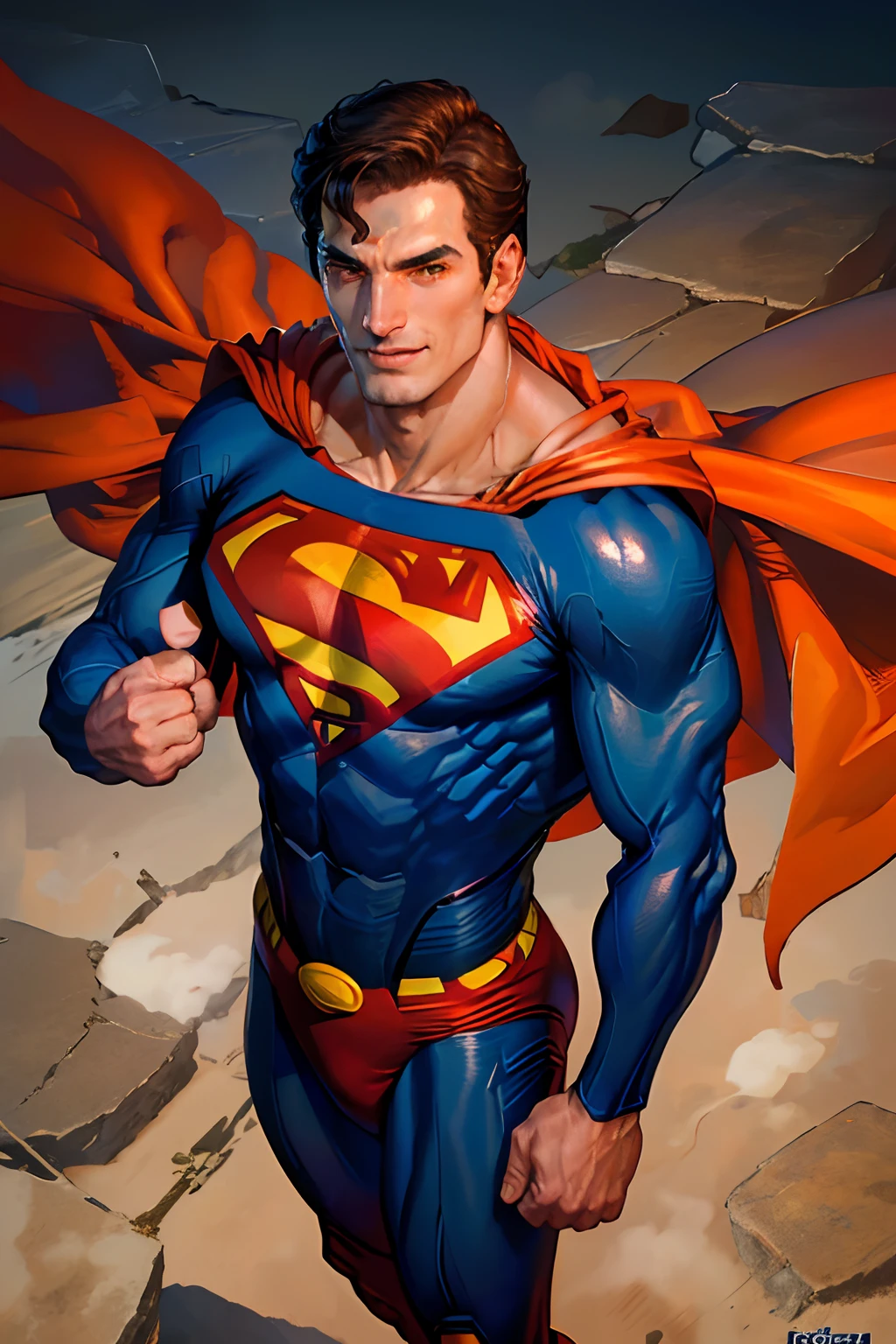 (obra-prima, melhor qualidade: 1.2), solo, foco masculino, superman, macho musculoso, sorriso, olhando para o espectador, Flight position, supermansuit, bodysuit azul, capa