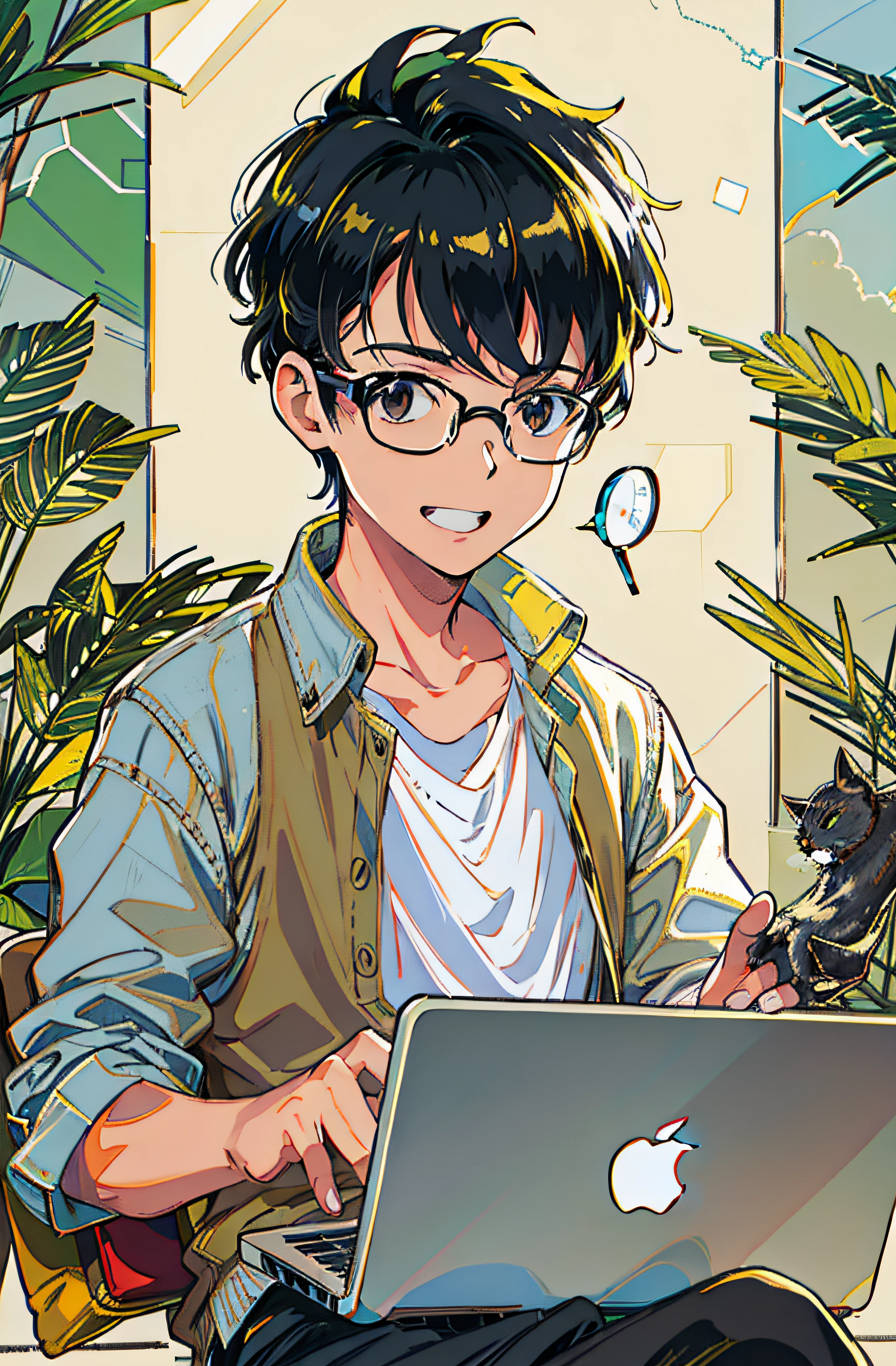 A happy anime boy, stylish glasses focused on his laptop, white shirt, very short black hair, looking at viewer, professional and determined, creating an impressive website, with the laptop perfectly balanced on his lap, technology background
