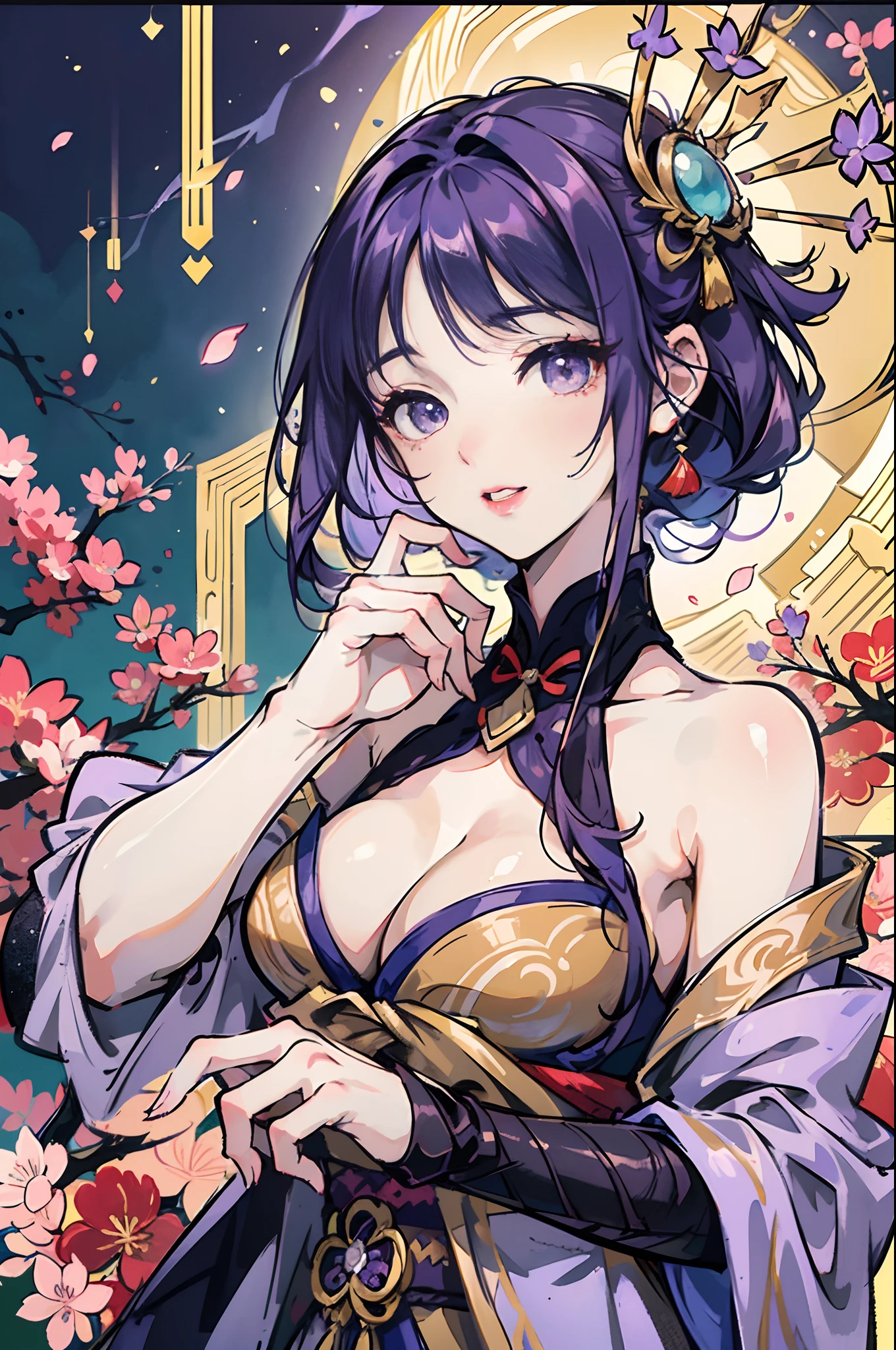 an illustration of a woman in traditional chinese costume,Anime aesthetic style,32k ULTRAHD,Blink and details you miss,I can't believe how beautiful this is,anime-style character,beige and aquamarine,closeup cleavage, Best quality, Masterpiece, cheerfulness, Bare legs, japanese temples, (Best quality, Masterpiece, 8K wallpaper: 1.2), ((Pale skin)), 1 girl, solo female, ((Genshin influence is influencing, General Thunder)), Lightning particles, Purple thunderbolt, Bright background, cherry tree, purple color-theme, Delicate facial features, Sexy beautiful cartoon girl, General Thunder, Purple hair, Red lips, Animated mouth,