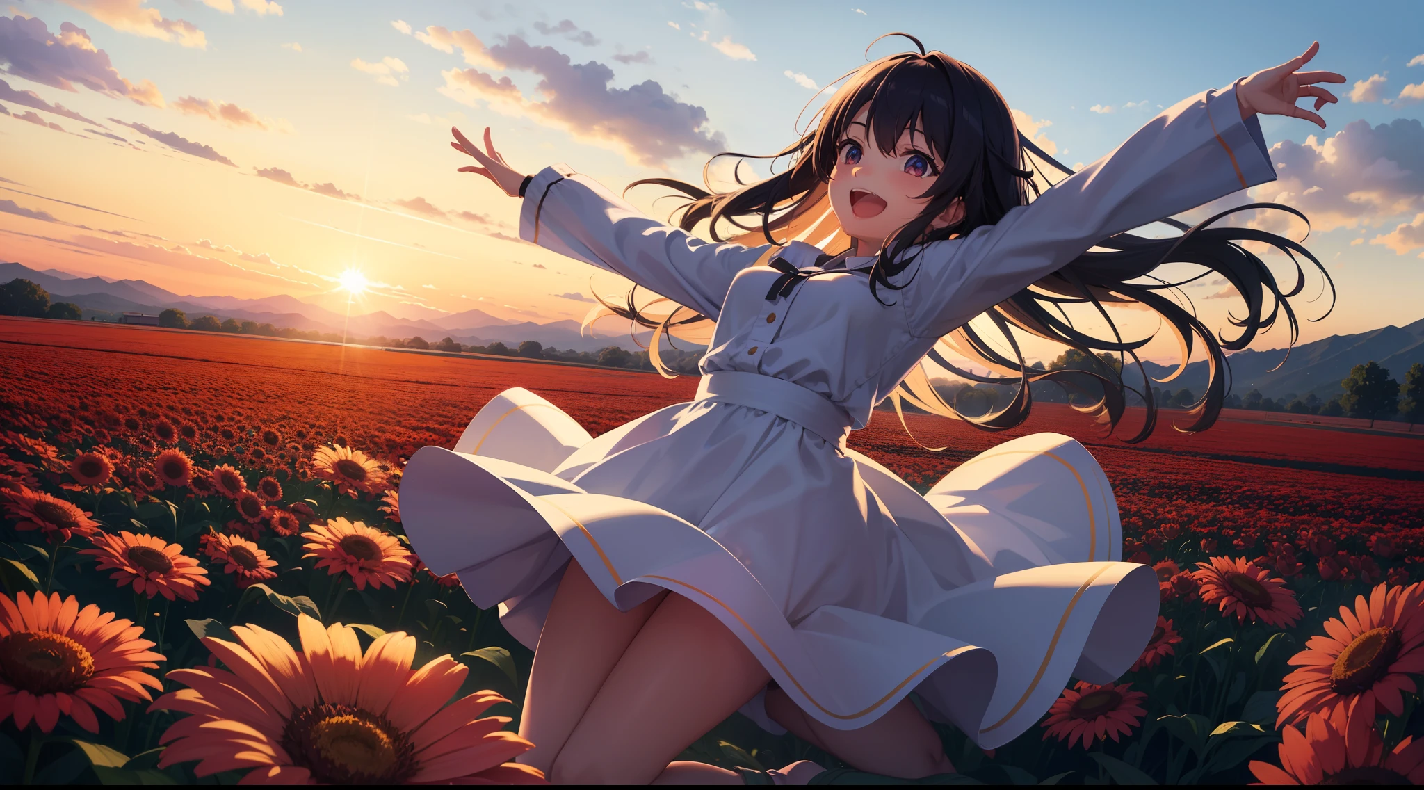 A joyous anime girl in the middle of a very big flower field, jumping with her hands above her head while watching the sun go down over the horizon. Her back is towards the camera. It's evening due to which the upper sky is bluish. Faraway shot. 2d.