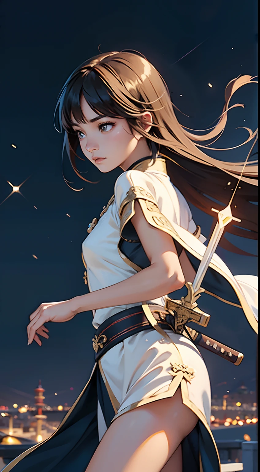 A beauty, Floating in the air, 1girl,He was surrounded by twenty golden swords，The background is the sky above the city.Unlimited sword system, Tyndall effect, Glow effects, in the style of anime art, Romantic graffiti, Meticulous, Realistic pop music, neo-fauvism, order, 8K,(Ancient Chinese cold weapon_sword1.2).