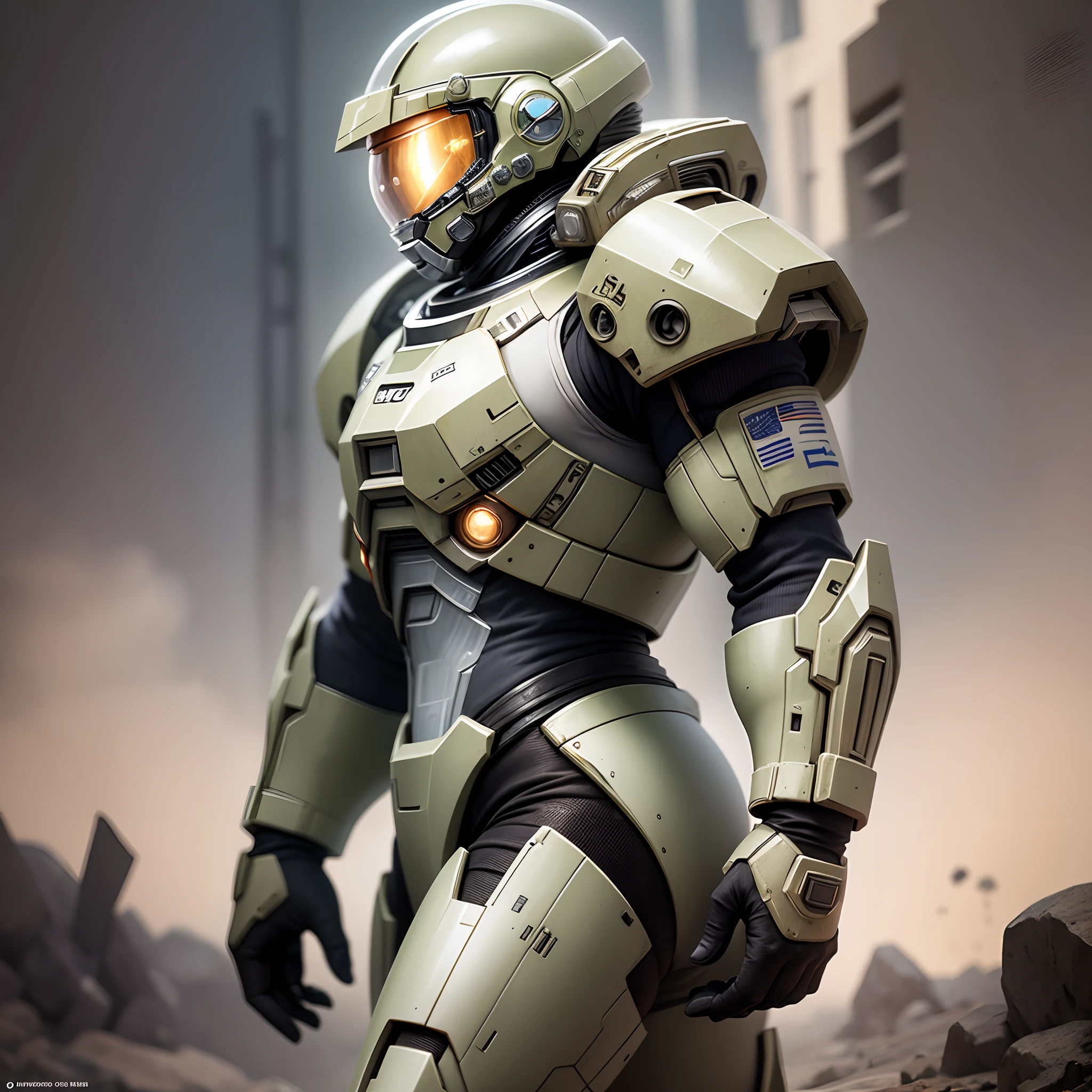 Master Chief in a scene from space, Master Chief is walking with the side view of the camera, the image is real in the future. --auto --s2