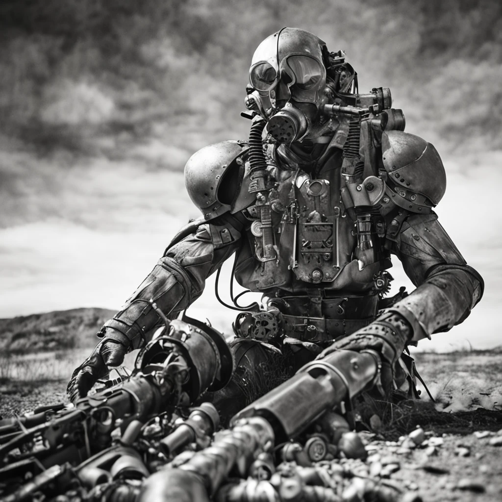 Ultra high resolution, steampunk-styled illustration, soldier posing in warzone, mechanical armor, intricate gadgets, dystopian battlefield, industrial machinery, professional artist, captured with Pentax 645Z, 75mm lens, Ilford Delta 3200, art by H.G. Wells-inspired, heroic mood, brass and copper tones, textured surfaces, steam effects, cogwork details, gritty background, imaginative weaponry, strong stance, otherworldly technology, fierce expression