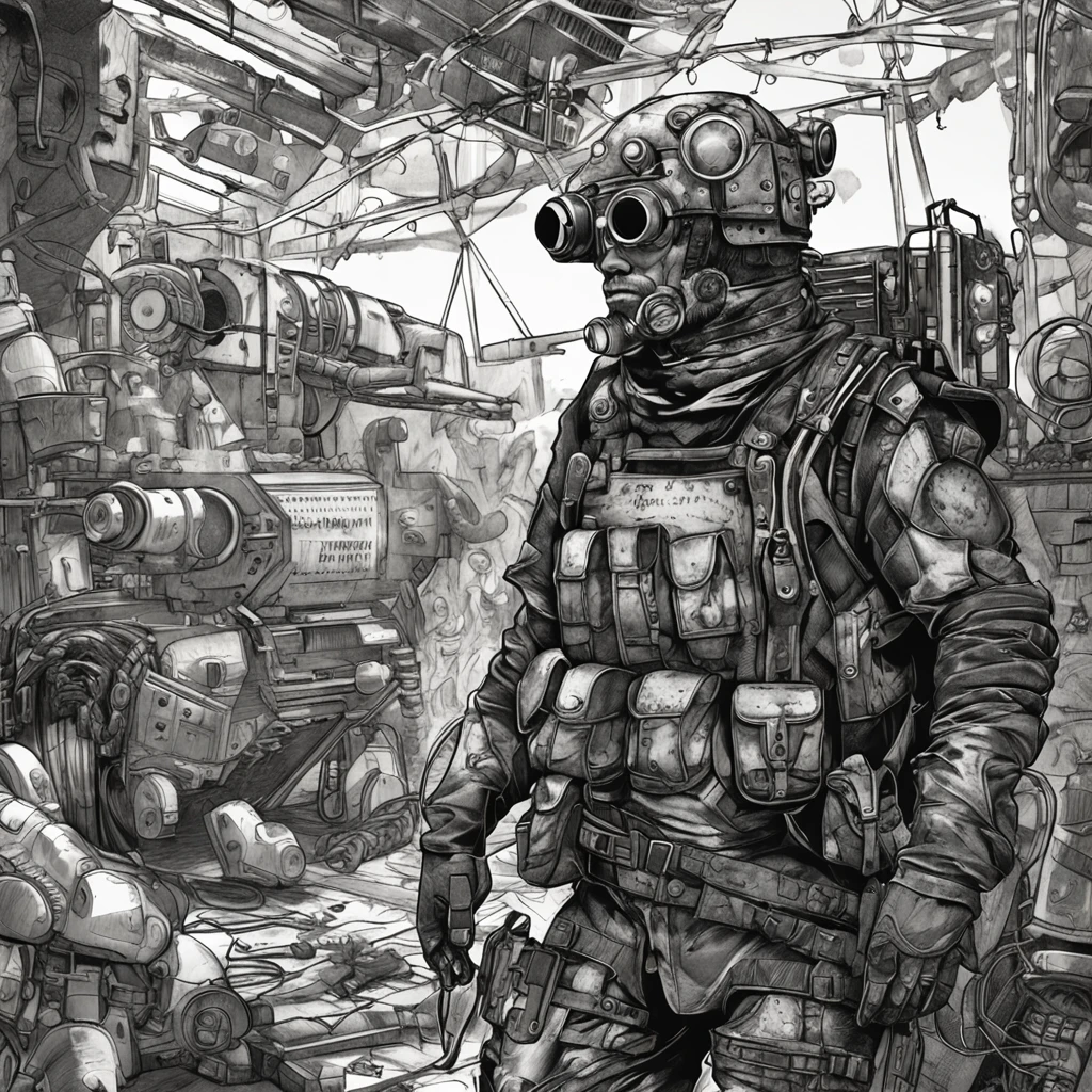 Ultra high resolution, steampunk-styled illustration, soldier posing in warzone, mechanical armor, intricate gadgets, dystopian battlefield, industrial machinery, professional artist, captured with Pentax 645Z, 75mm lens, Ilford Delta 3200, art by H.G. Wells-inspired, heroic mood, brass and copper tones, textured surfaces, steam effects, cogwork details, gritty background, imaginative weaponry, strong stance, otherworldly technology, fierce expression