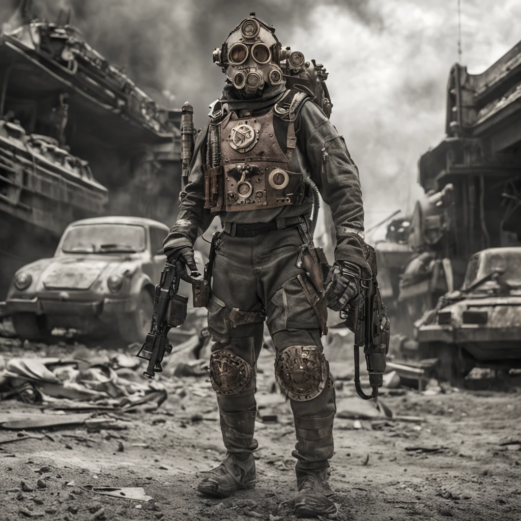 Ultra high resolution, steampunk-styled illustration, soldier posing in warzone, mechanical armor, intricate gadgets, dystopian battlefield, industrial machinery, professional artist, captured with Pentax 645Z, 75mm lens, Ilford Delta 3200, art by H.G. Wells-inspired, heroic mood, brass and copper tones, textured surfaces, steam effects, cogwork details, gritty background, imaginative weaponry, strong stance, otherworldly technology, fierce expression