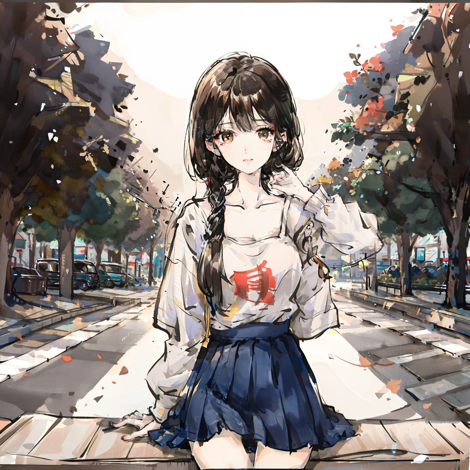 Beautiful girl,Jirou legs,bare-legged,sitting on a bench,On the street,night