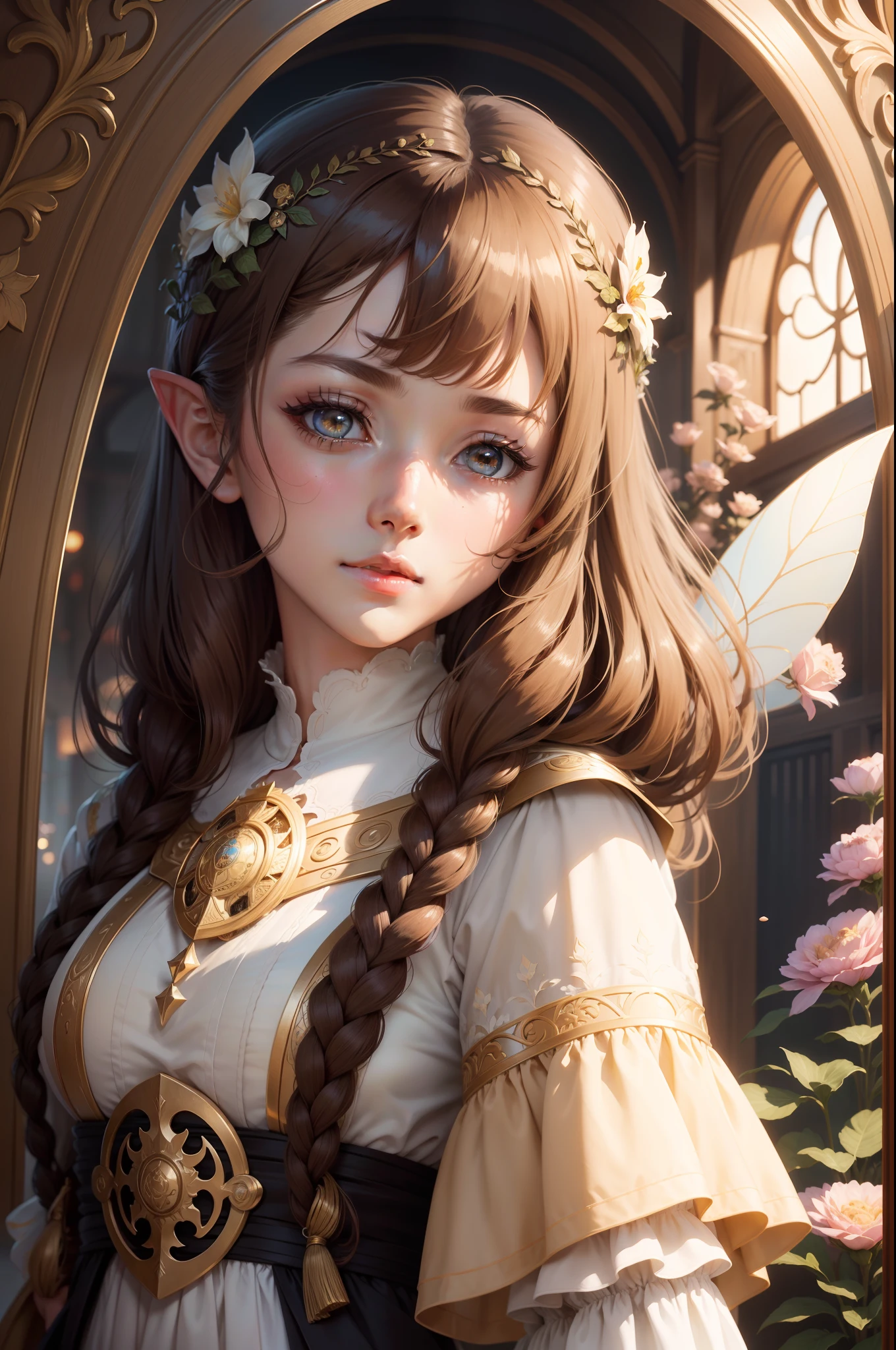 Official Art, Masterpiece European female face,elvish, short hair, lightbrown hair , brown eyes , Flower Frame ,Decorative panel , jugendstil , (masterpiece、top-quality、hight resolution: 1.4),in 8K, Drawing of a woman with short lightbrown hair, Anime Art Nouveau, highly detailed exquisite fanart, anime fantasy illustration, clean detailed anime art, detailed anime art, Sharp Focus, Delicate Beautiful Hair and Eyes and Face, realisitic, ultra-detailliert, a beauty girl, fairy