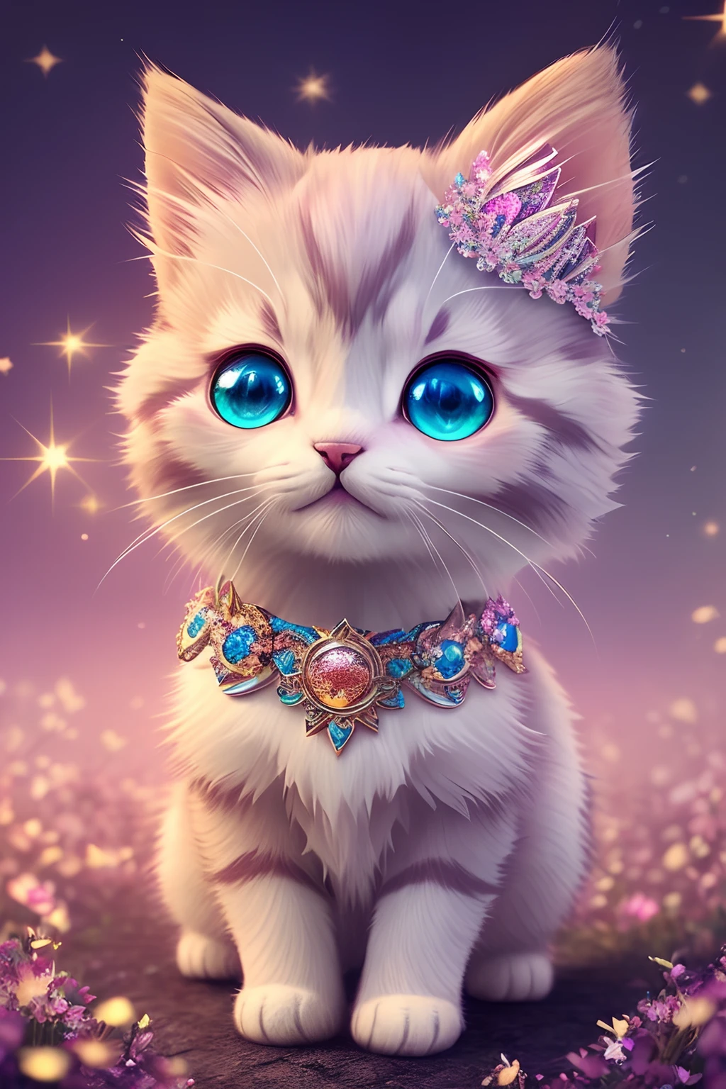 side view, oversaturate, colorfully, Fairytale, dreamlike, Cinematic character render, oil painting, 3D, 8k resolution, sequins, glitter, sakura forest, moonlight, Close up Portrait adorable chibi kawaii anthropomorphic kitten king, Detailed eyes, large round reflective eyes,