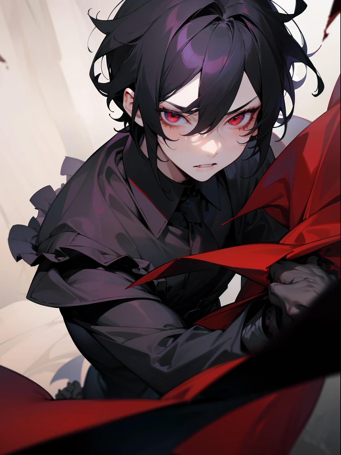 (masterpiece, best quality), intricate details, 8k, sharp focus, (best quality) (detailed skin:1.3) (intricate details) (8k) (detailed eyes) (anime) male character, short hair, short front of hair, black hair, red eyes, male, anime male, frontage, lovely boy, perfect face, detailed eyes, bold background, detailed accessories, unique outfit, sharp eyes, male, young man, idol, dark colours, pale skin, vampire, fangs, defined features, model, Sakuma Ritsu, comfortable clothes, dark room, cluttered room, indoors, detailed background, bold colours, sharp face, nighttime, night, pose, handsome, sleepy, tired, droopy eyes, male, pout, tsundere, posing, interacting with background, cluttered background, baggy outfit, darkness, dull, lace shirt, ruffled shirt, dark circles, white shirt, necktie, young