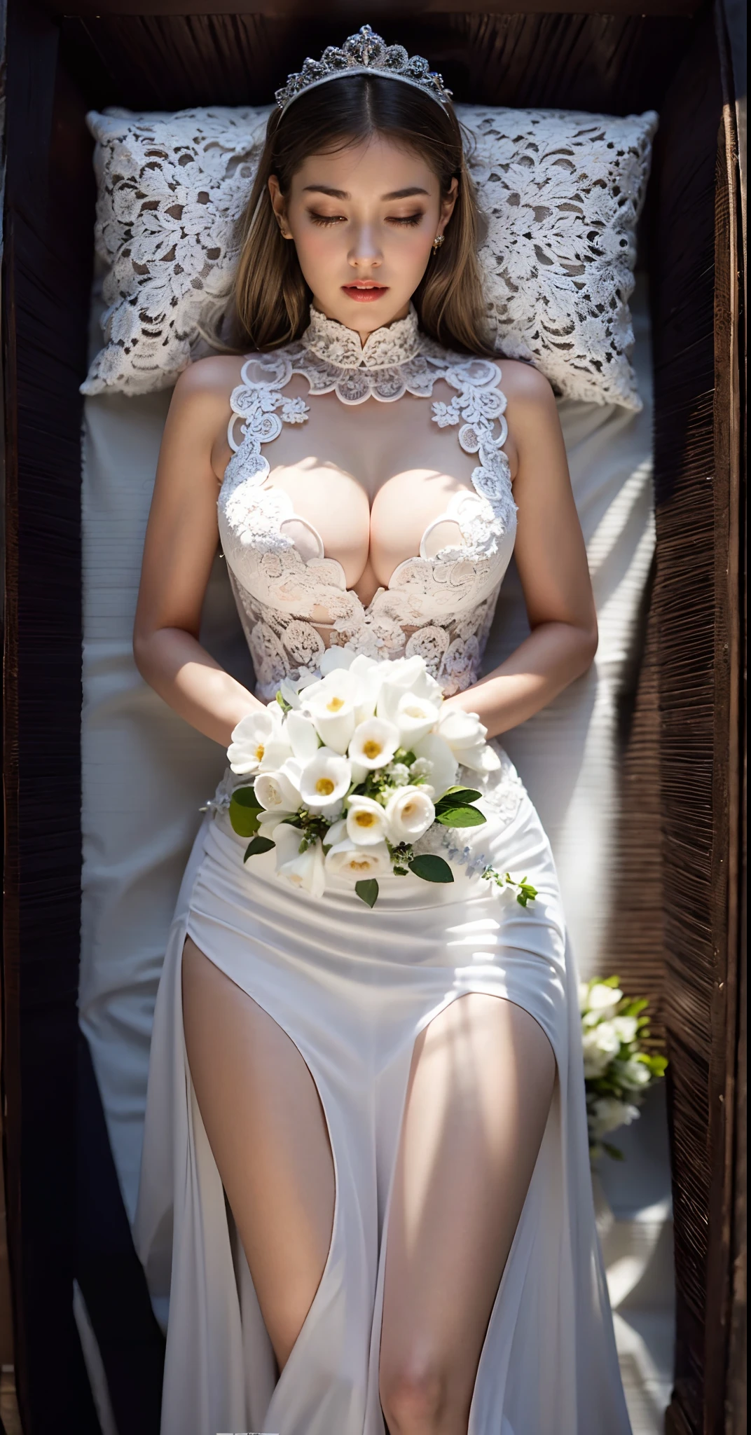 1girl, solo, wooden casket, girl sleep in casket, girl laying in casket, eyes closed, closed mouth,(interlocked_fingers:0.961), (own_hands_together:0.971), (straight:0.971), (own_hands_clasped:0.961), (absolute cleavage), straight body, straight legs, big boobs, round breasts, (full body viewed), (sexy breast), (sexy cleavage), (around the casket is a wreath of flowers), (((black hair))), ((blonde hair)), ((wearing a white suspender with a V-neckline wedding dress with flower-shape lace)), ((maid dress)), ((long dress)), head on pillow