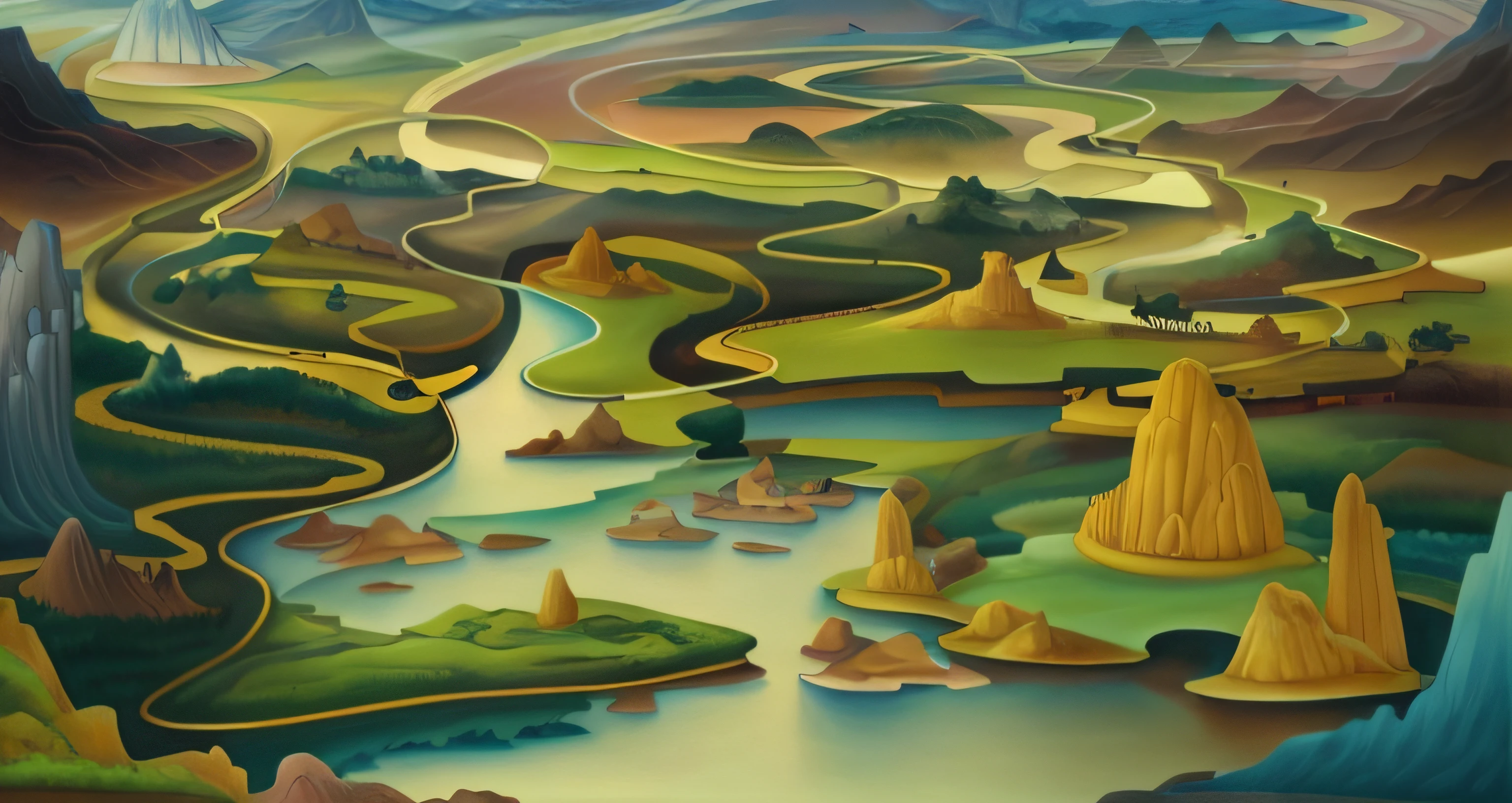 There is a painting of a river running through a valley, game map matte painting, Winding rivers, river delta, avatar landscape, Fractal landscape, Vast landscape, Mountains and rivers, flowing hills, Detailed landscape, Big cave, twisted waterway, sinkhole, an isometric fantasy map, gigantic landscape, Illustration matte painting, scattered islands