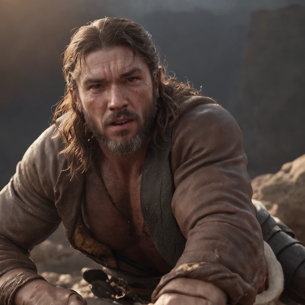 (Professional 3D rendering:1.3) de (Realistic:1.3) Foto de arte mais bonita do mundo，Features soft, bright male heroes, ((Epic hero fantasy rough muscular man wet hero angry look long hair short beard and fierce expression in dynamic pose, fantastic location, majestoso ambiente desordenado)), corpo inteiro 8k unidade render, action shot, poros da pele, very dark lighting, sombreamento pesado, circunstanciado, Rosto detalhado, (vibrante, fotogrdeia realista, Realistic, Dramatic, Escuro, foco nítido, 8k), (Old leather clothes damaged by bad weather:1.4), ((((Use peles)))), (intrincado:1.4), decadente, (altamente detalhado:1.4), pintura digital, rendering by octane, art stations, Conceito-Arte, liso, foco nítido, illustration, germe da arte, (Loish:0.23), Wlop Ilya Kuvshinov, e Greg Rutkowski e Alphonse Mucha Gracias, (global ilumination, studiolight, Light Volumetric), chuva forte, floating particles, patife, fantasia, Onze, corpo inteiroesbian, ((Fundo escuro e antigo da cidade:1.3)),CGSesociedade,art stations