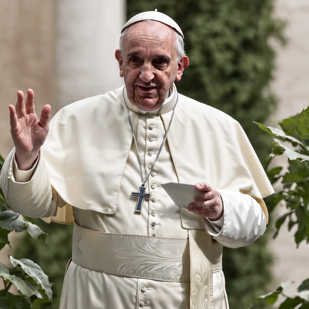(Professional 3D rendering:1.3) de (Realistic:1.3) (Professional 3D rendering:1.3) de (Realistic:1.3) Pope Francis, engrossed in prayer at the Vatican, his hands clasped, face aglow in the exuberant cinematic lighting, the church's interior adorned with plants, offering a sense of warmth and comfort, every nuance of the scene portrayed with extreme realism