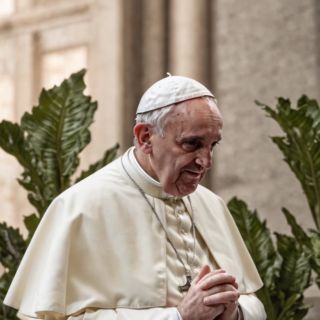 (Professional 3D rendering:1.3) de (Realistic:1.3) (Professional 3D rendering:1.3) de (Realistic:1.3) Pope Francis, engrossed in prayer at the Vatican, his hands clasped, face aglow in the exuberant cinematic lighting, the church's interior adorned with plants, offering a sense of warmth and comfort, every nuance of the scene portrayed with extreme realism